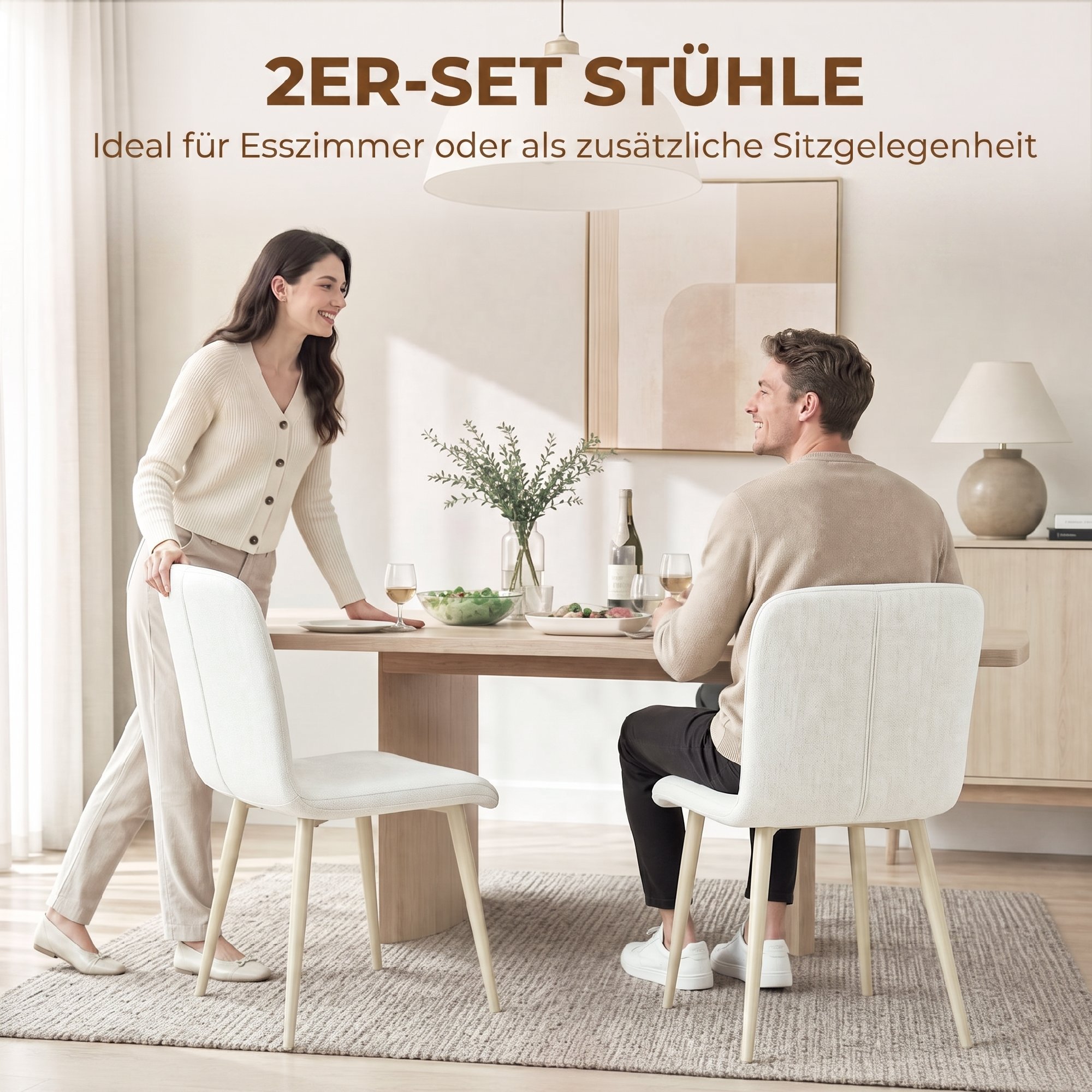 Esszimmerstühle 2er-Set, gepolsterte Küchenstühle in Leinenoptik mit leichten Beinen, Creme