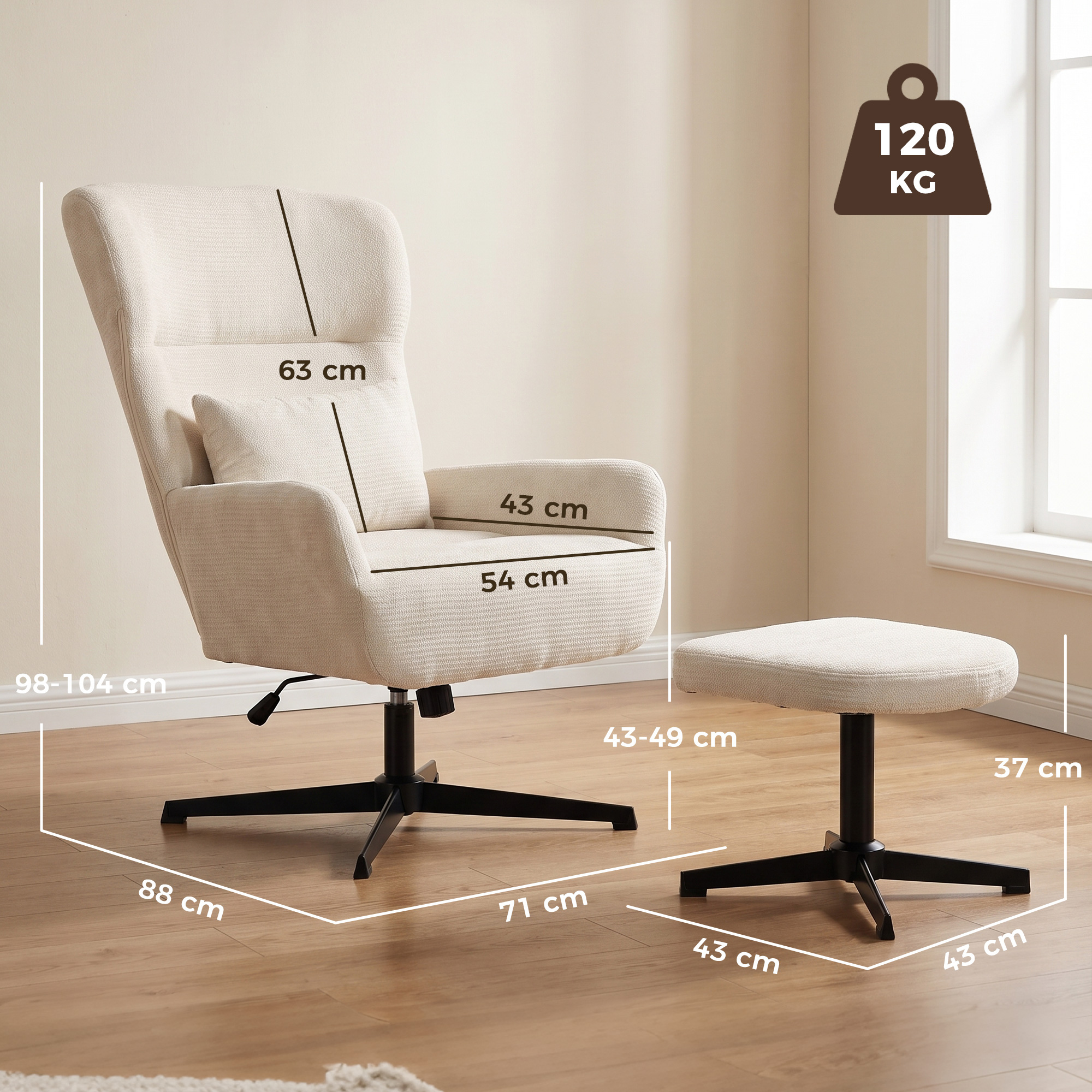 360° drehbarer Loungesessel mit Hocker, höhenverstellbar, Chenille-Bezug, mit Lendenkissen, Cremeweiß