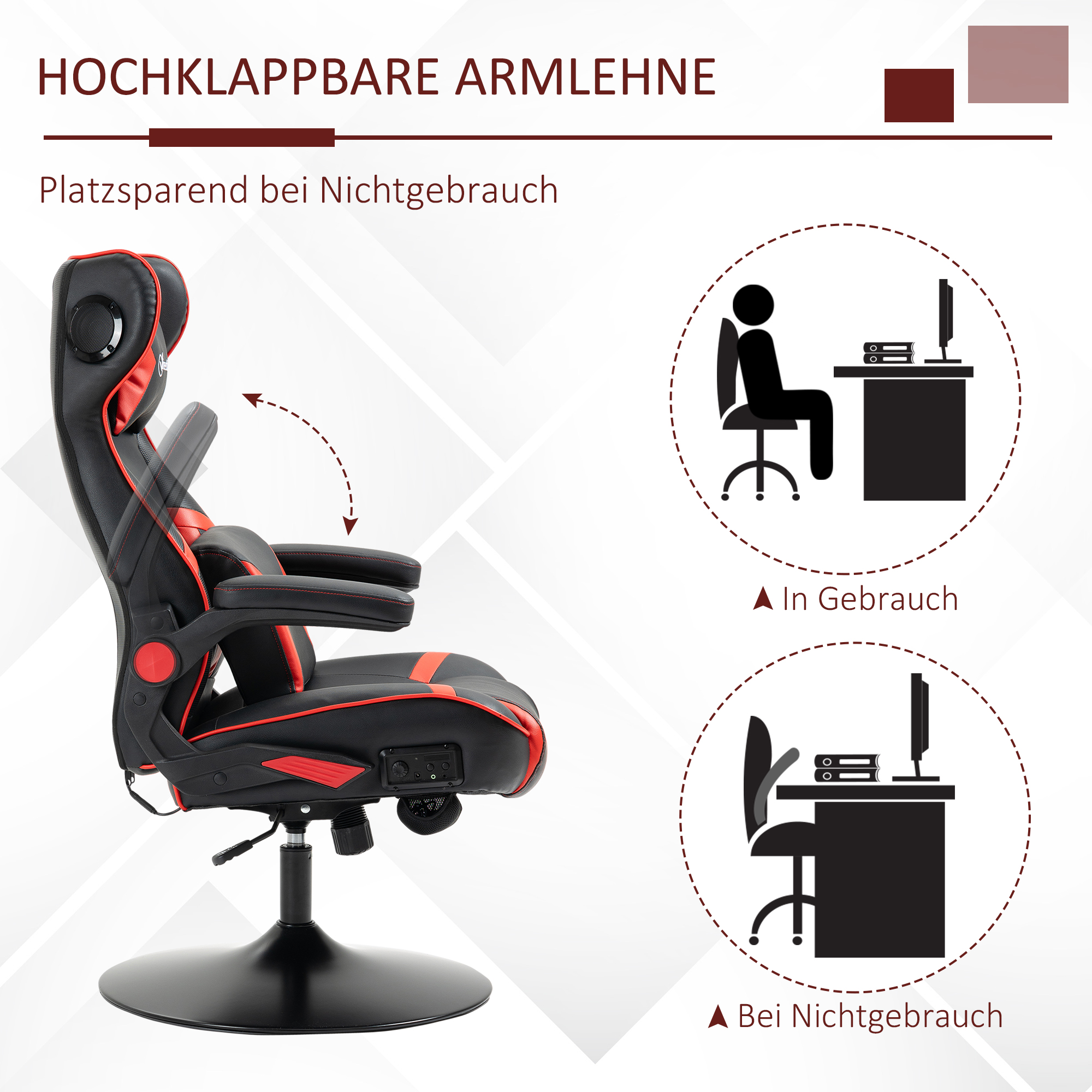 Gamingsessel, Gamingstuhl, integrierte Lautsprecher, neigbare Rücklehne, schwarz+rot, 69 x 73 x 118cm