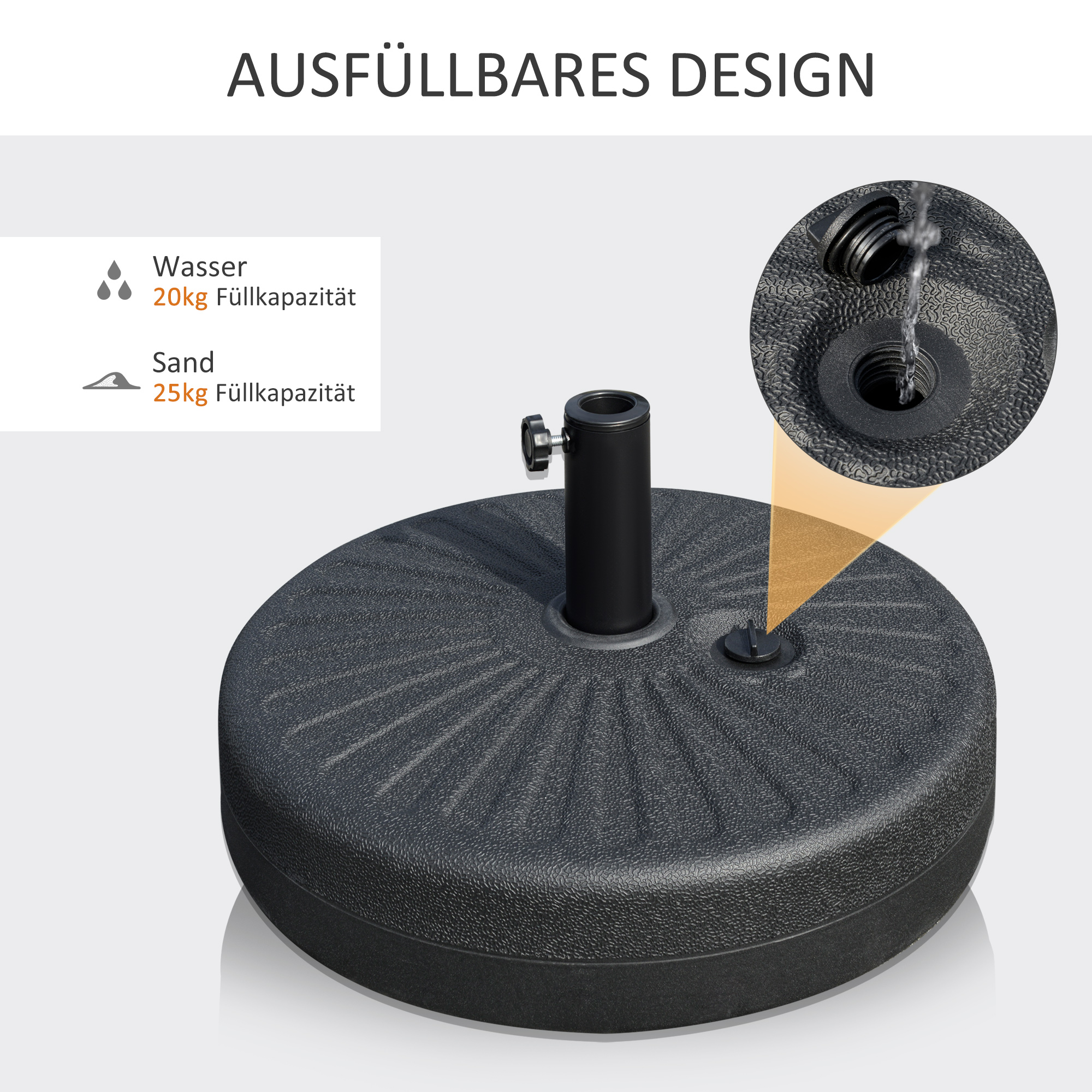 Sonnenschirmständer 22 kg Schirmständer Rund Schirmhalter, Schirmgewicht, Ständer für Sonnenschirm 38/48mm Rohrdurchmesser, für Balkon, Terasse, Garten, Schwarz