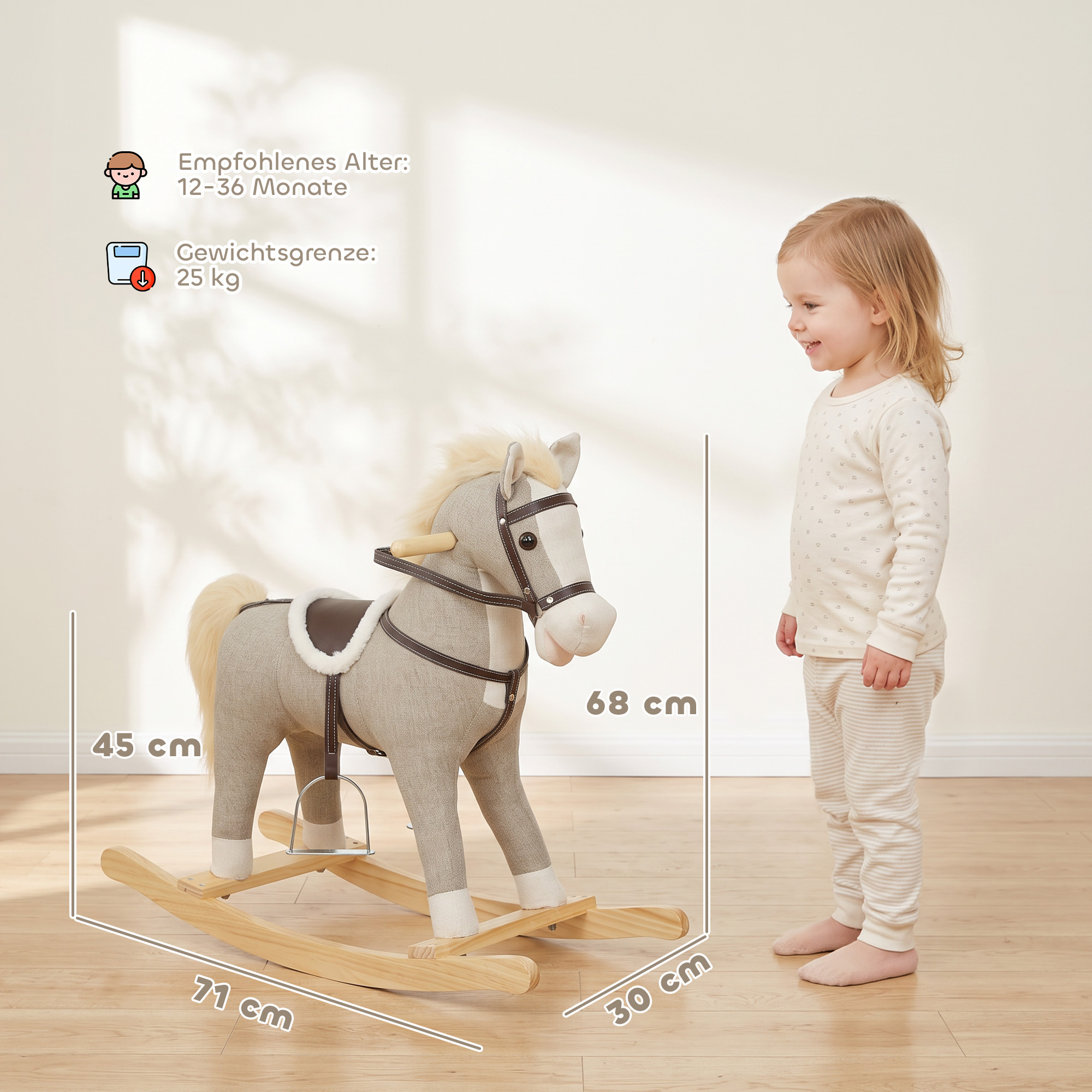 Schaukelpferd mit Sound und Sicherheitsgriffen, Reitpferd mit Holzgestell für Kleinkinder von 12–36 Monaten, Grau