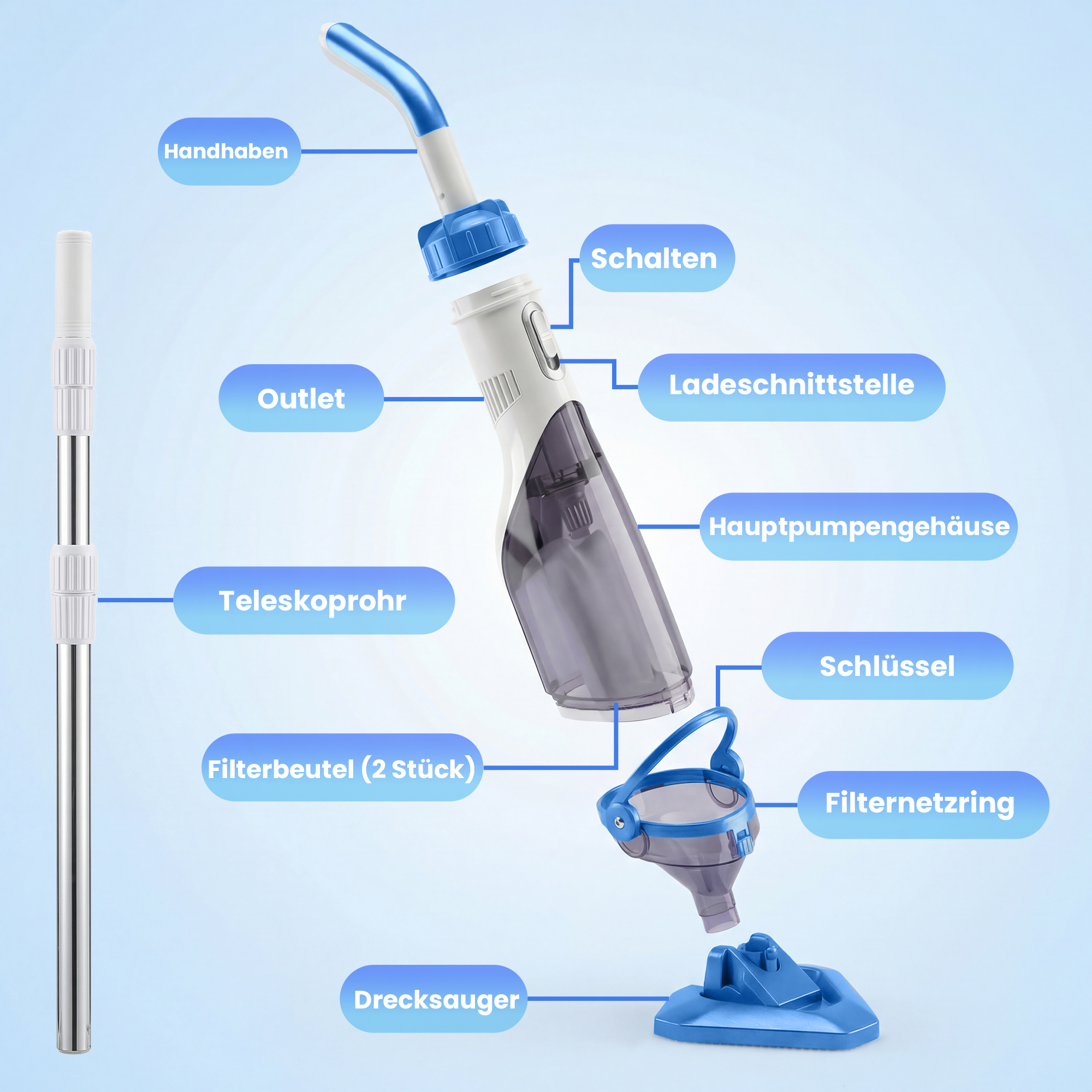 Poolreiniger, kabelloser Poolstaubsauger mit 63-150 cm verstellbarem Stiel und Bürste für kleine Pools, Whirlpools und Teiche