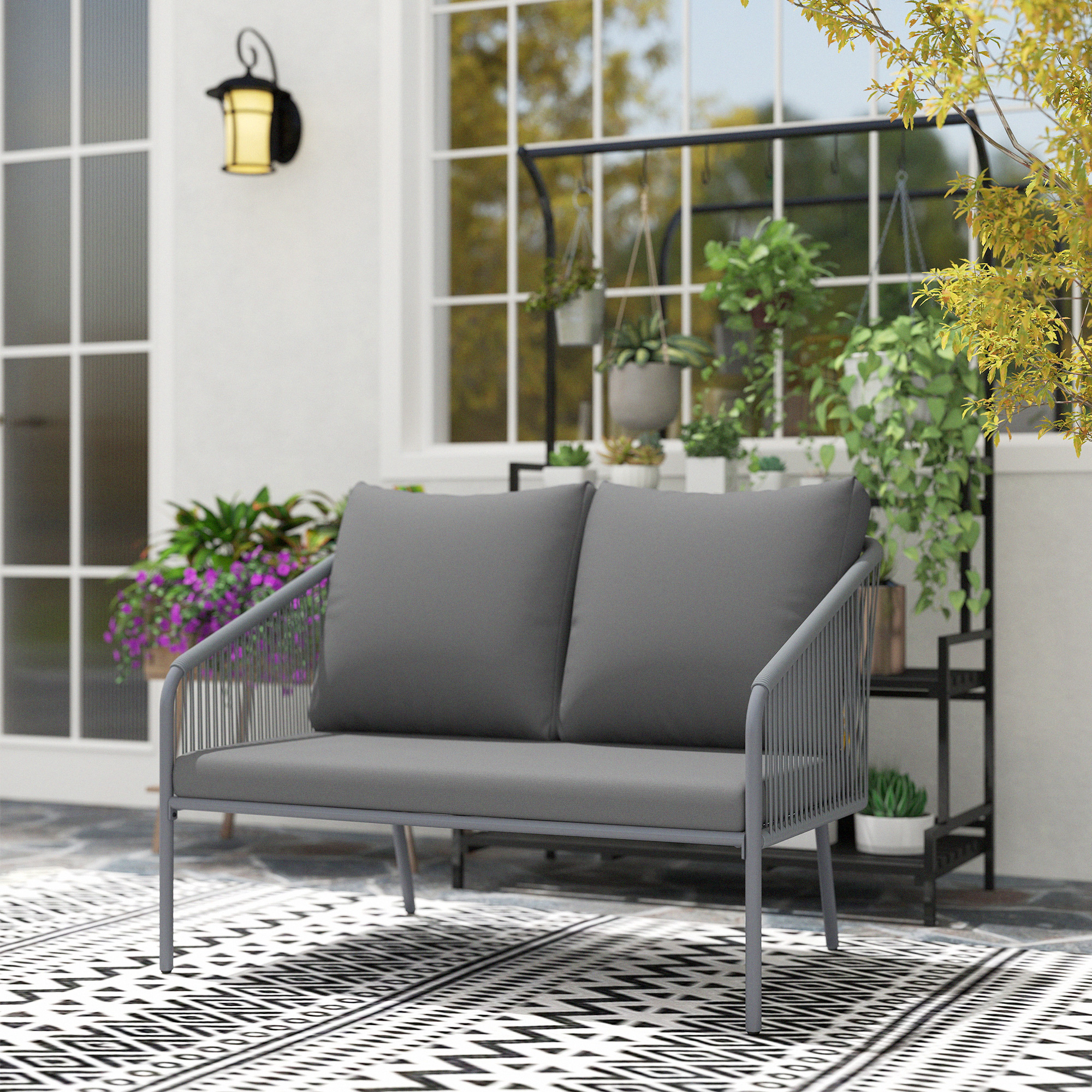 Gartensofa mit Kissen 2-Sitzer Rattan Sofa Lounge Sofa Outdoor Balkon Sofa 112 x 72 x 76 cm Grau