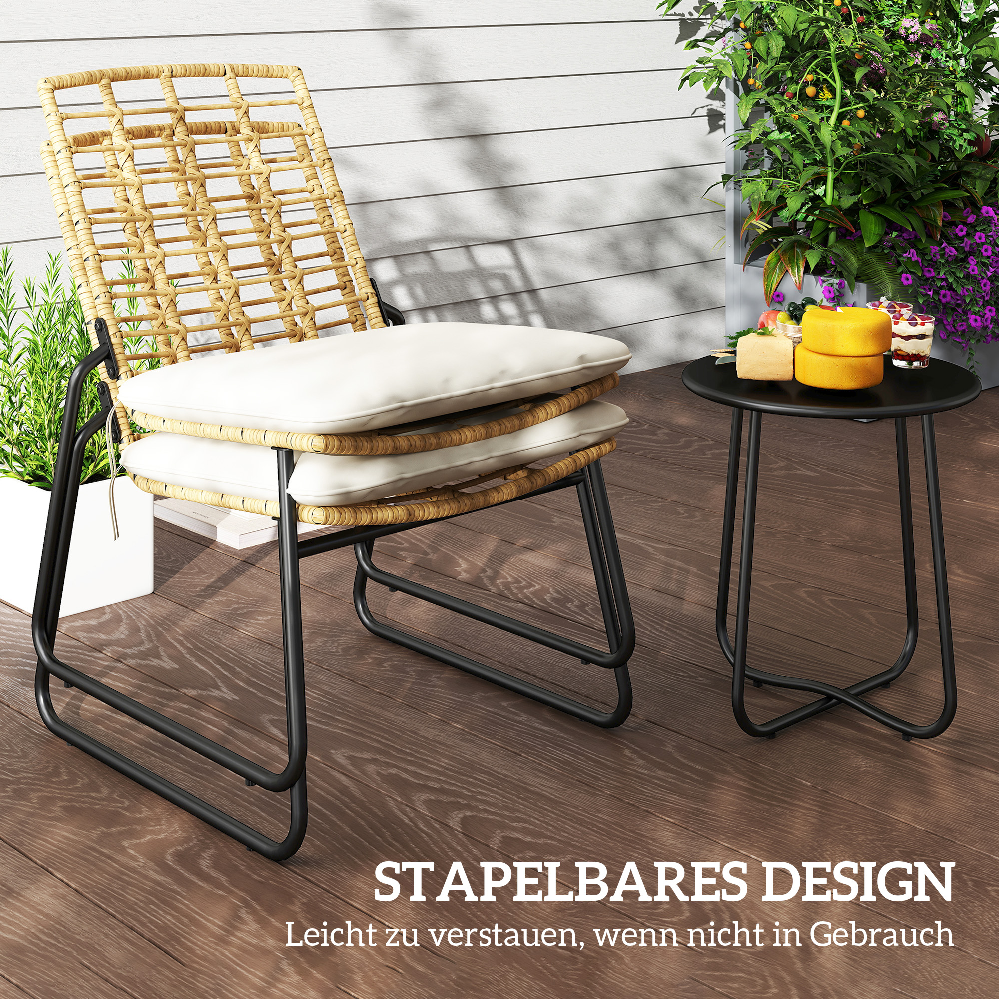 3-teiliges Gartenmöbel-Set, 2 Rattan-Stühle, 1 Tisch mit Metallplatte, Sitzkissen, Bistro-Set, Beige & Braun