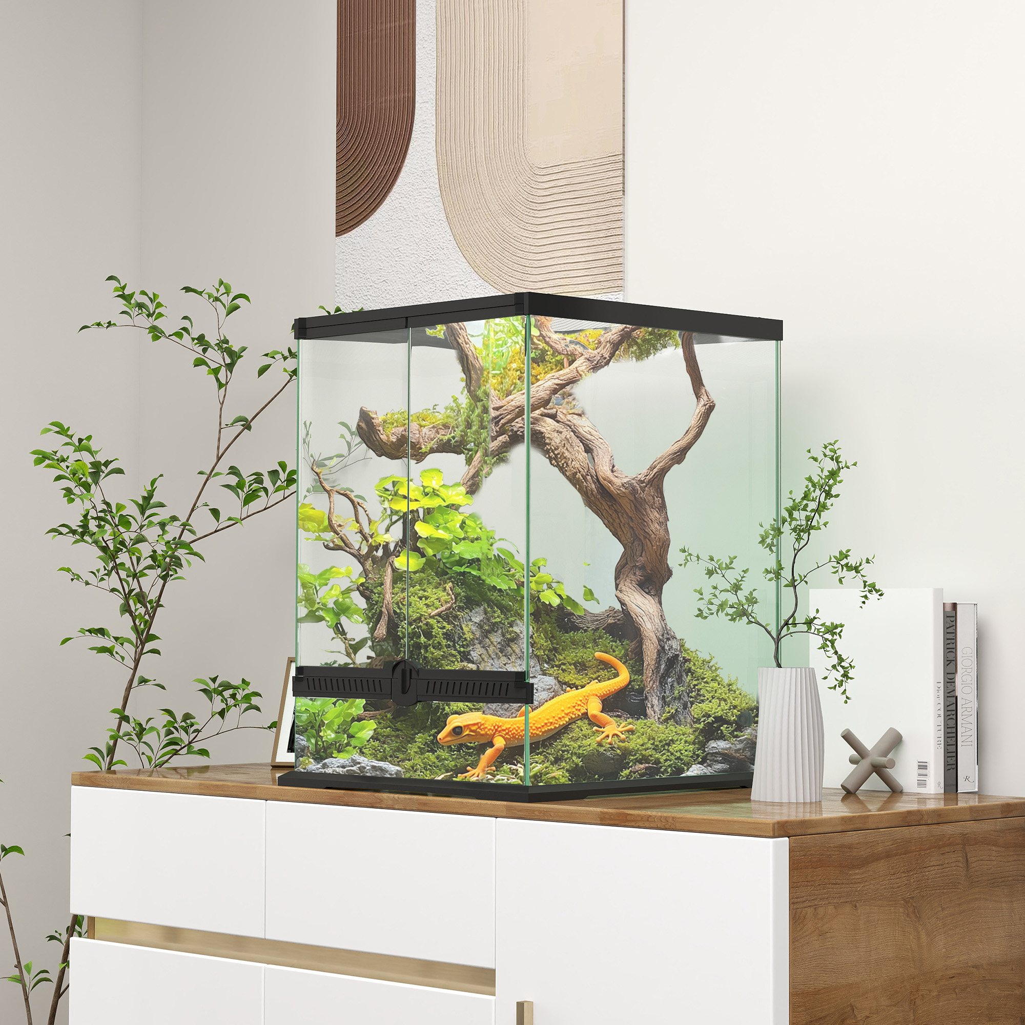 Terrarium, Glasgehäuse, verriegelbar, Kabelmanagement, 45x45x60cm, Schwarz