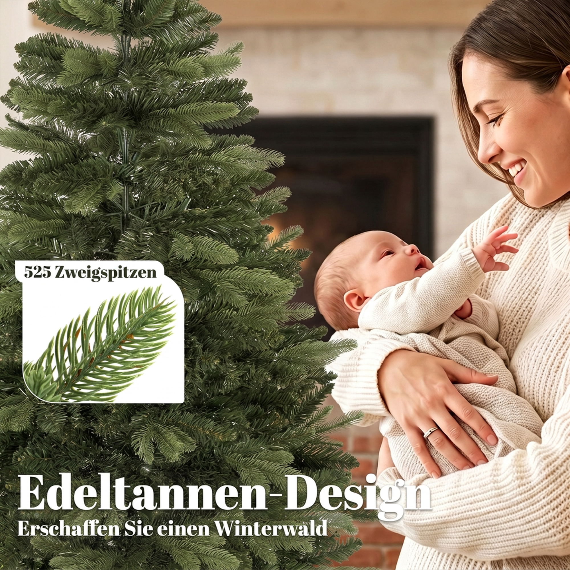 künstlicher Weihnachtsbaum 150 cm, Edeltanne, voll mit Klappästen, 525 Spitzen, faltbarer Holzständer, Grün