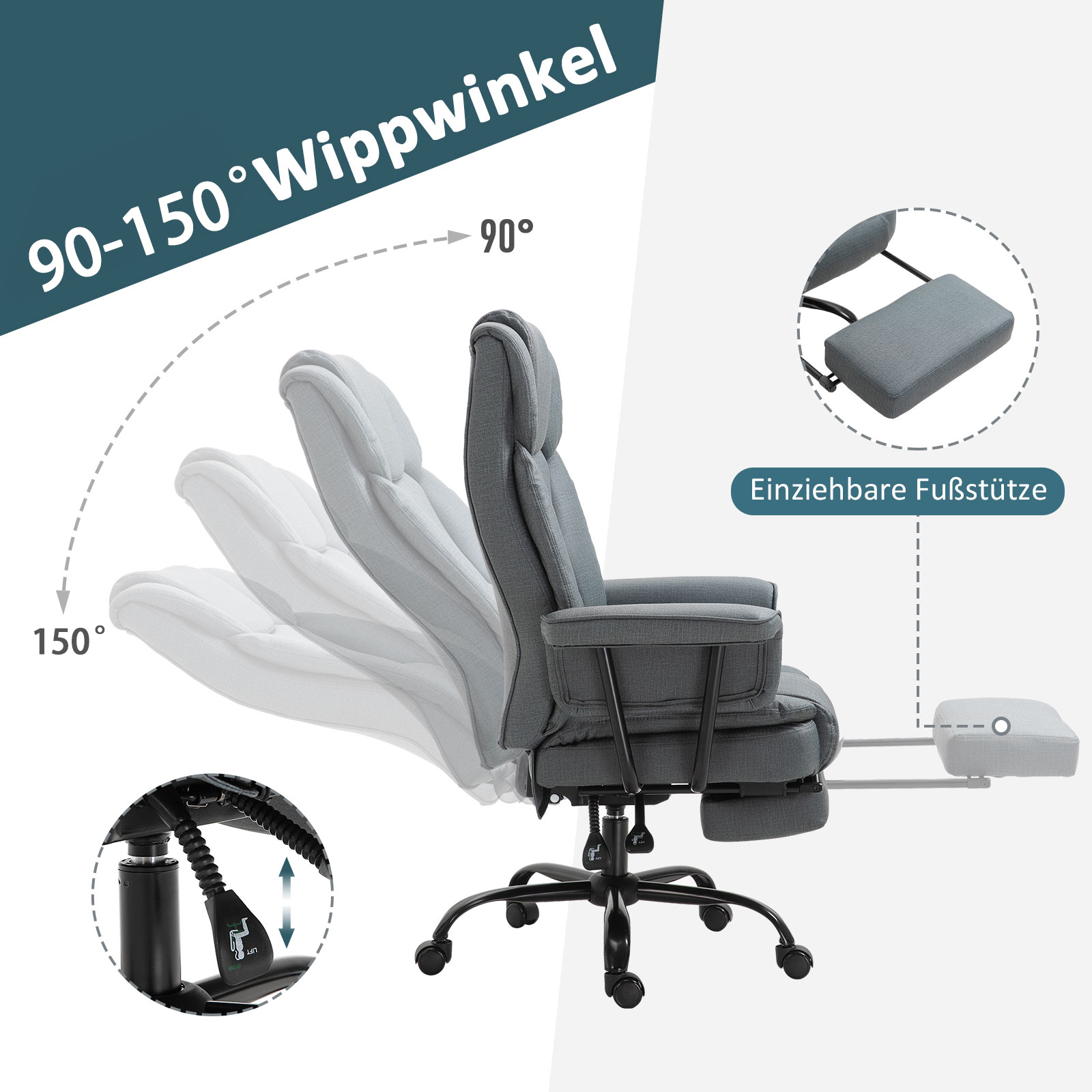Bürostuhl Ergonomischer Chefsessel 360° Drehbar Computerstuhl höhenverstellbar mit Kopfstütze und gepolsterte Armlehnen mit Fußstütze Kunstleder 68 x 80 x 120–126 cm