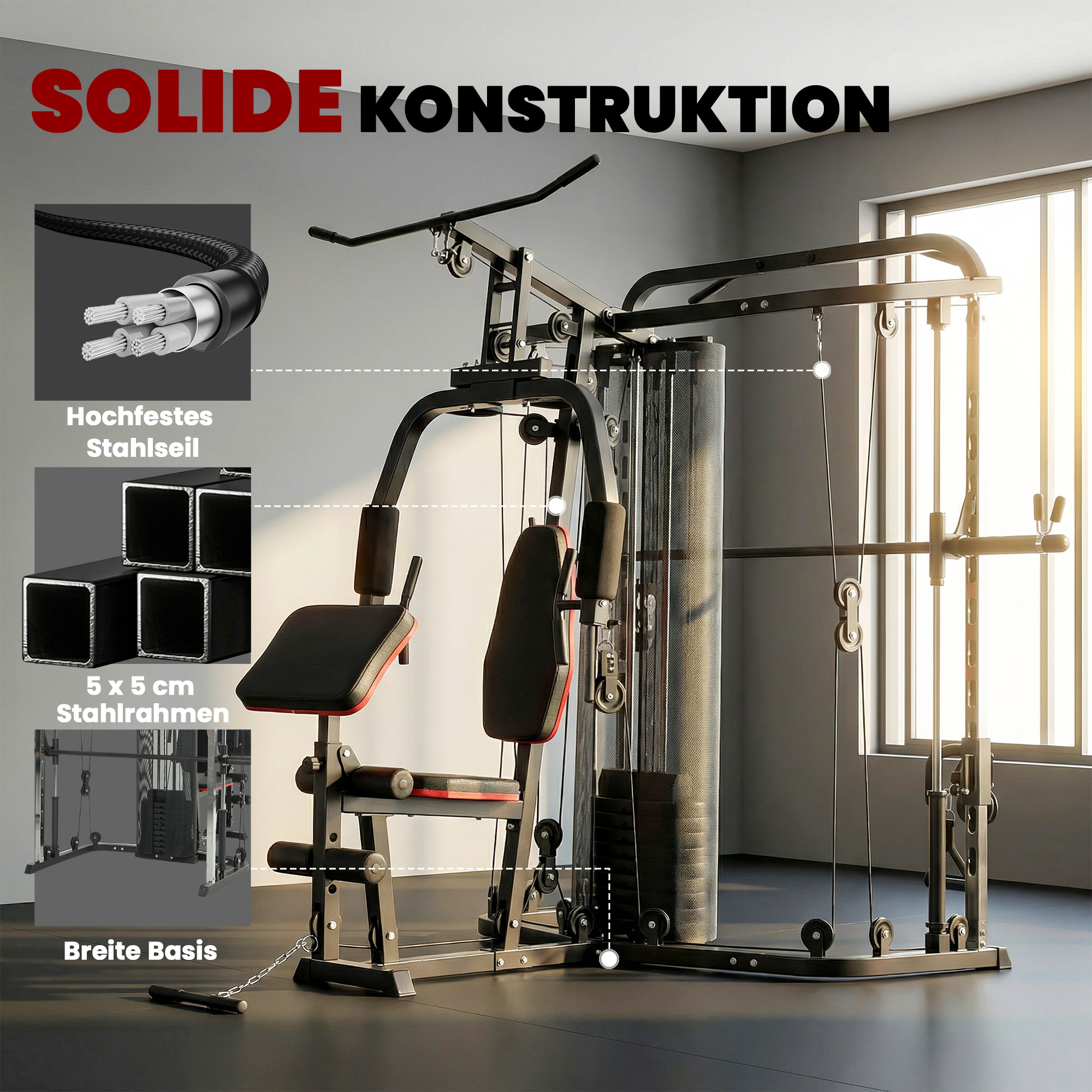 Kraftstation Fitnessstation mit 65kg Gewichten, Latzug, Butterflystange, verstellbar Preacher Bank, Beintrainer