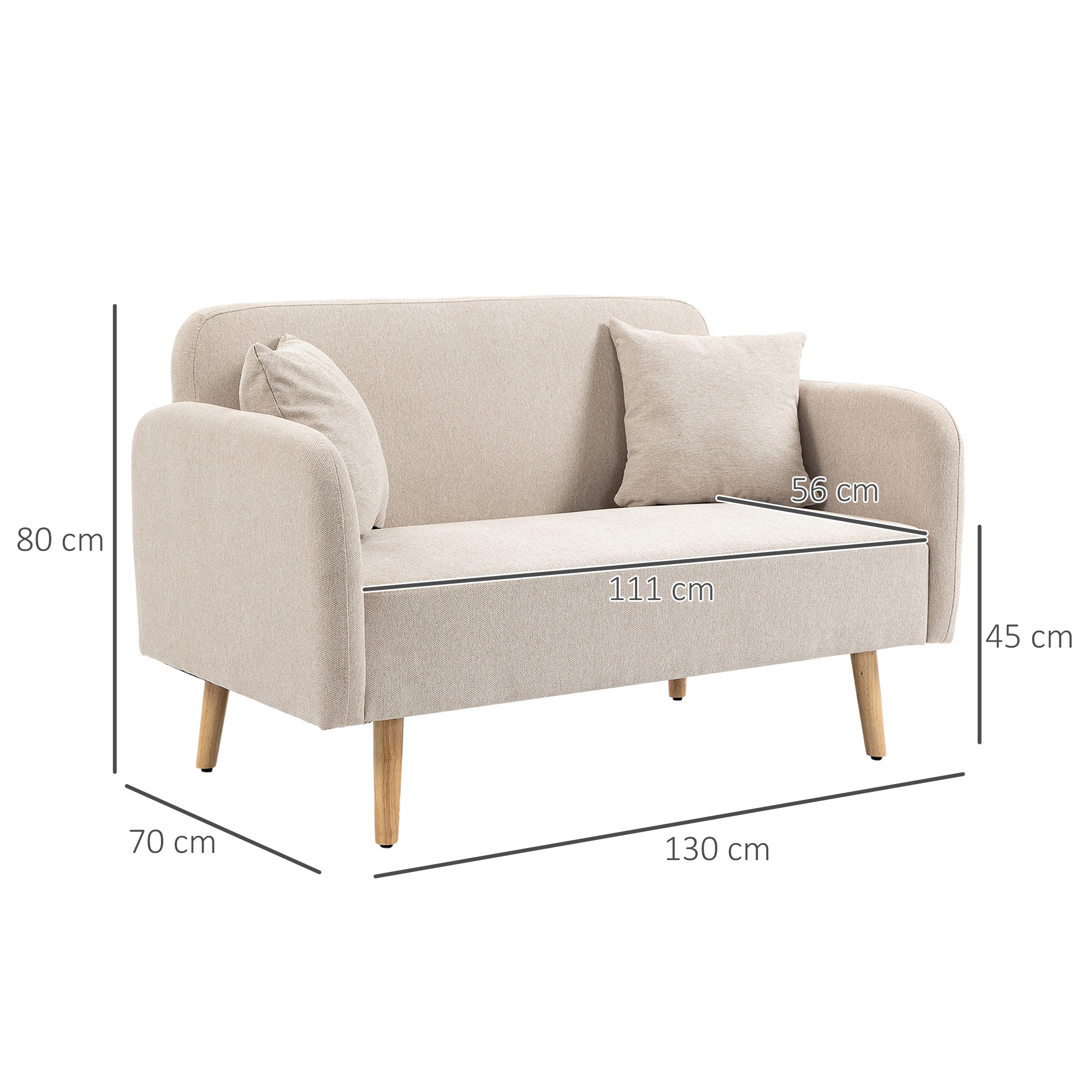 2er-Sofa Sofa Couch, Modern-Design, inkl. 2 Kissen, Holzbeine, 130 x 70 x 80 cm, Creme