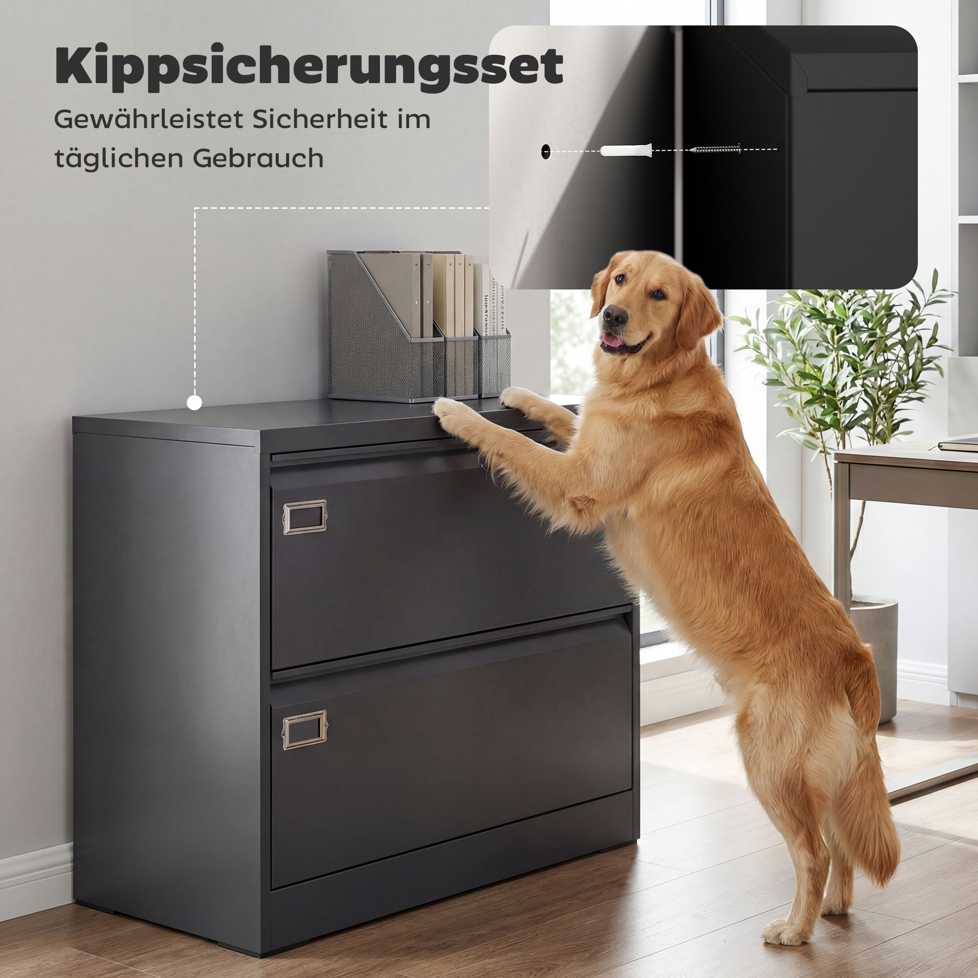 Rollcontainer mit 2 Schubladen abschließbar Aktenschrank mit verstellbarem Hängeregistratur 90 x 40 x 77,4 cm Schwarz