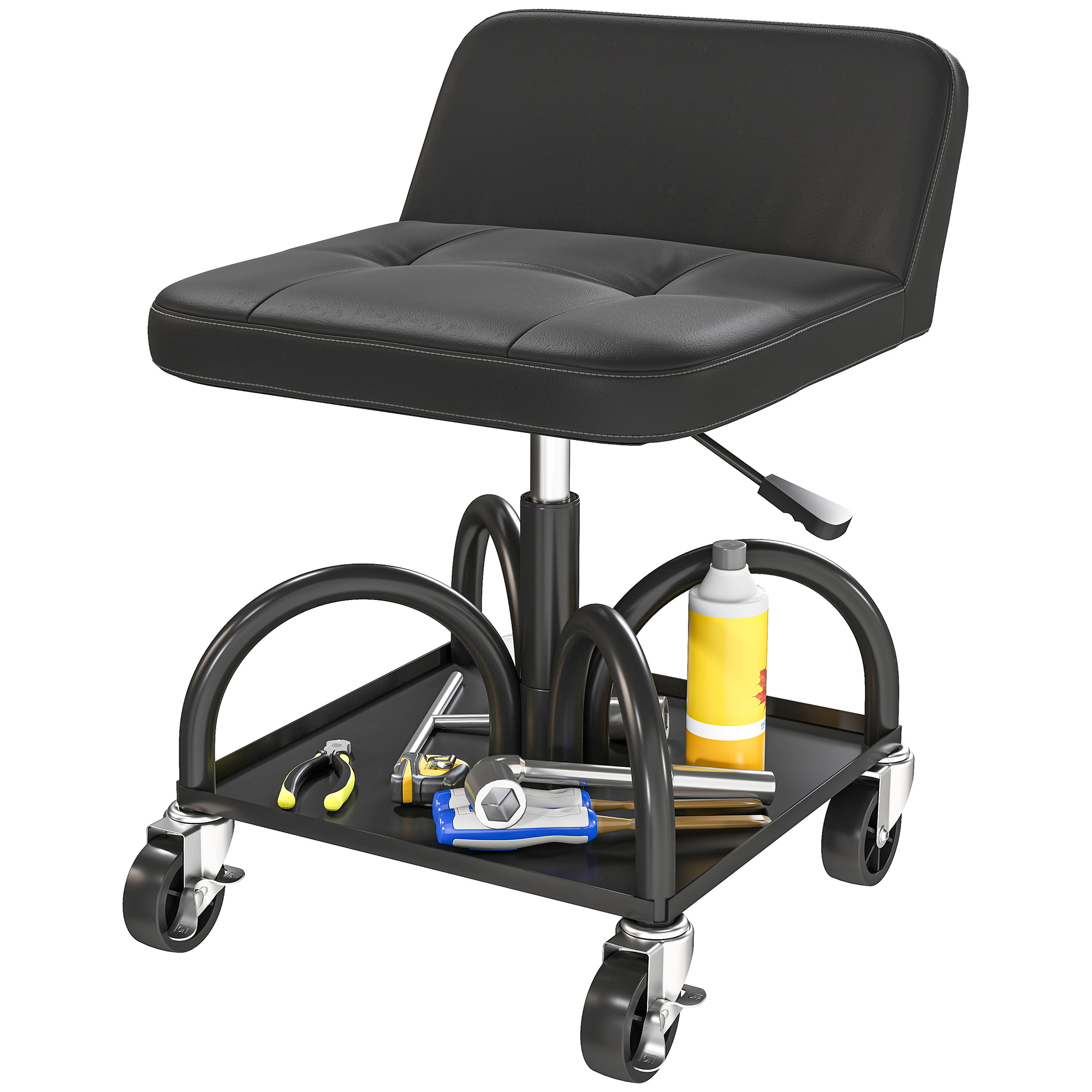Werkstatthocker mit Rollen Ablagefläche, 58,5 cm hoch Rollhocker bis 135 kg belastbar Schwarz Werkstatthocker mit Rollen Ablagefläche, 58,5 cm hoch Rollhocker bis 135 kg belastbar Schwarz