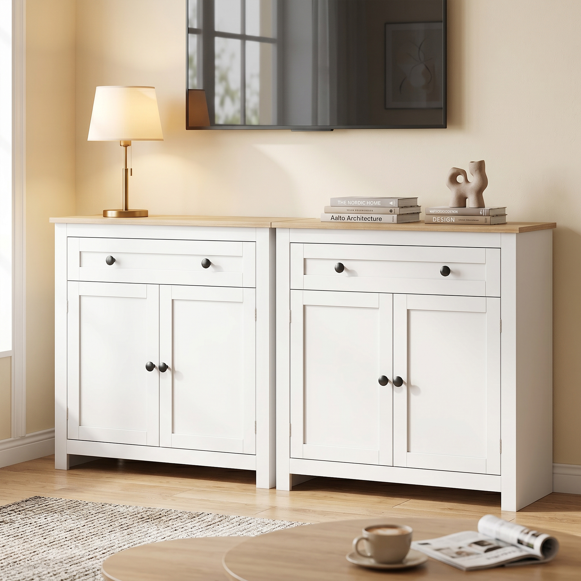 Sideboard Küchenschrank mit Schublade, Doppeltür, Verstellbarer Einlegeboden, für Wohnzimmer, 78,5 x 35 x 80 cm Weiß