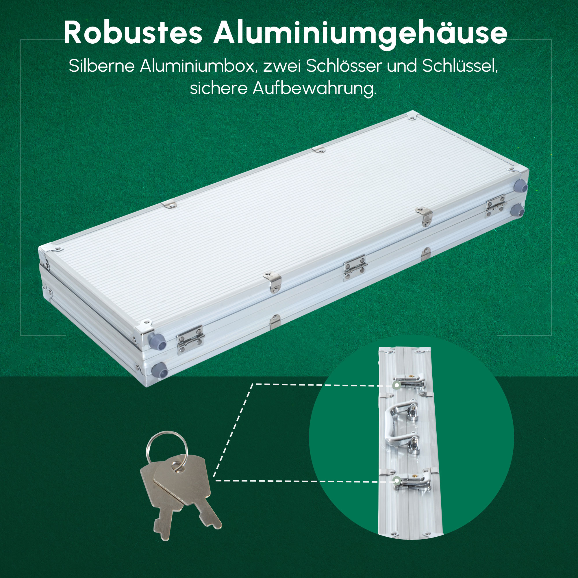 Pokerset, 500 Chips, 2 Kartendecks, 5 Würfel, Aluminium-Koffer, verschließbar