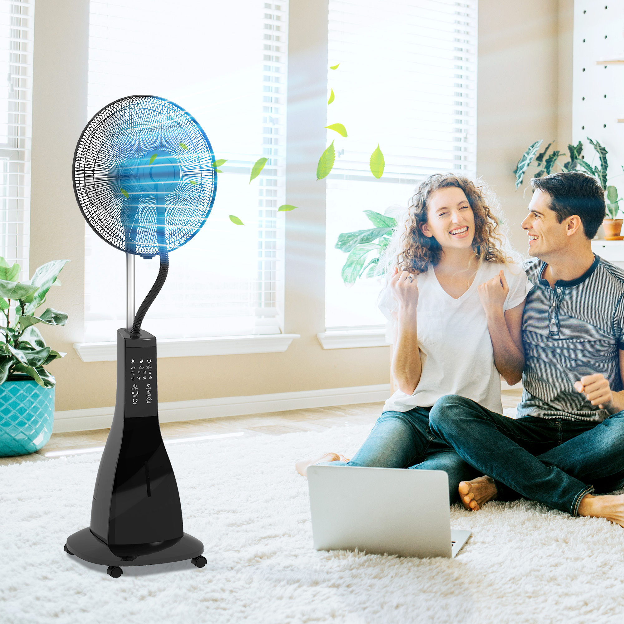 Standventilator mit Luftbefeuchtung, leise, mobil, Fernsteuerung, Schwarz