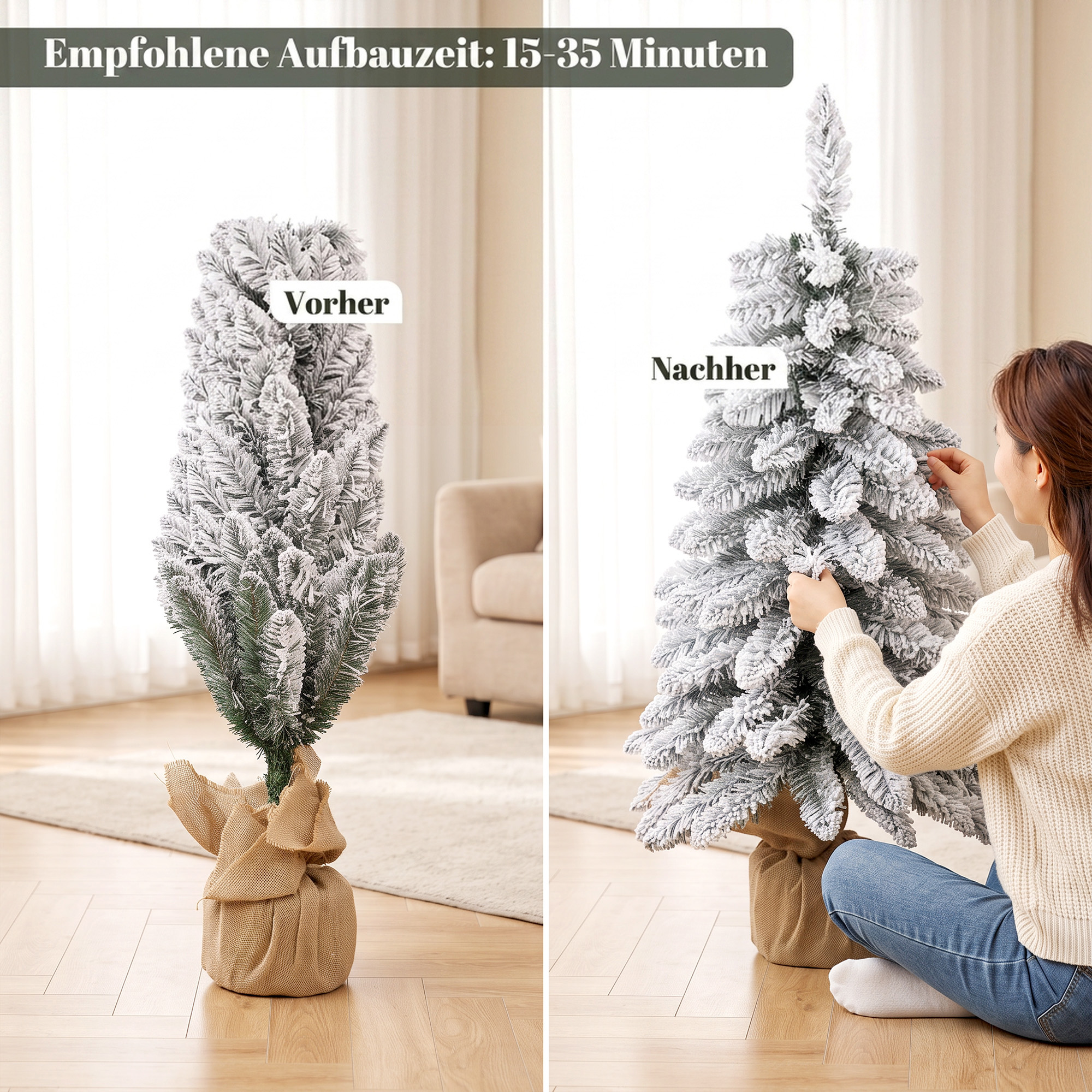 künstlicher Weihnachtsbaum, 90 cm (3 ft), schlanker Pencil-Baum mit 107 Zweigspitzen, Jutebasis, Weiß