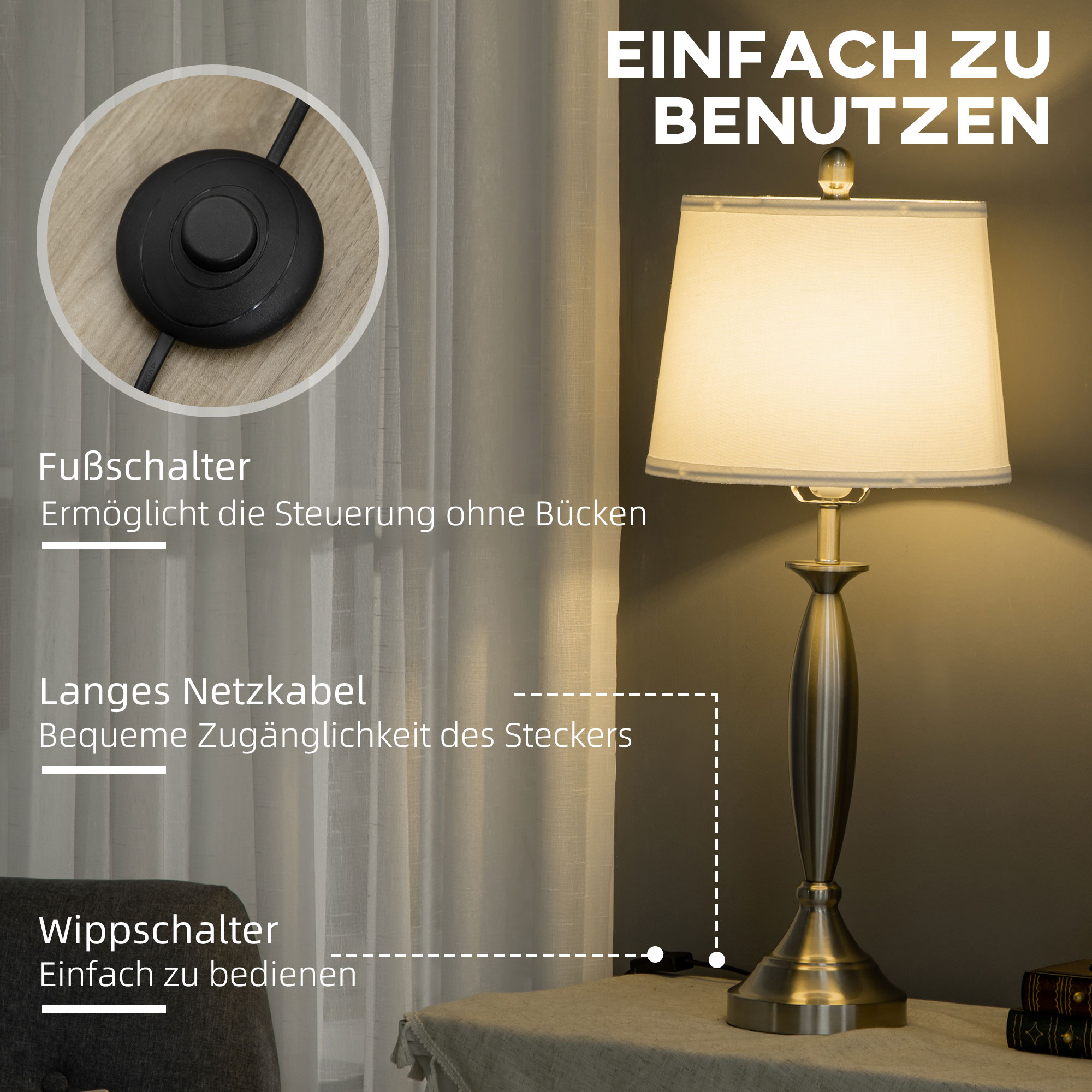 3-teiliges Leuchten-Set. 1 Stehleuchte, 2 Tischleuchten, Leinenoptik; 38 cm x 38 cm x 158 cm, Silber + Weiß