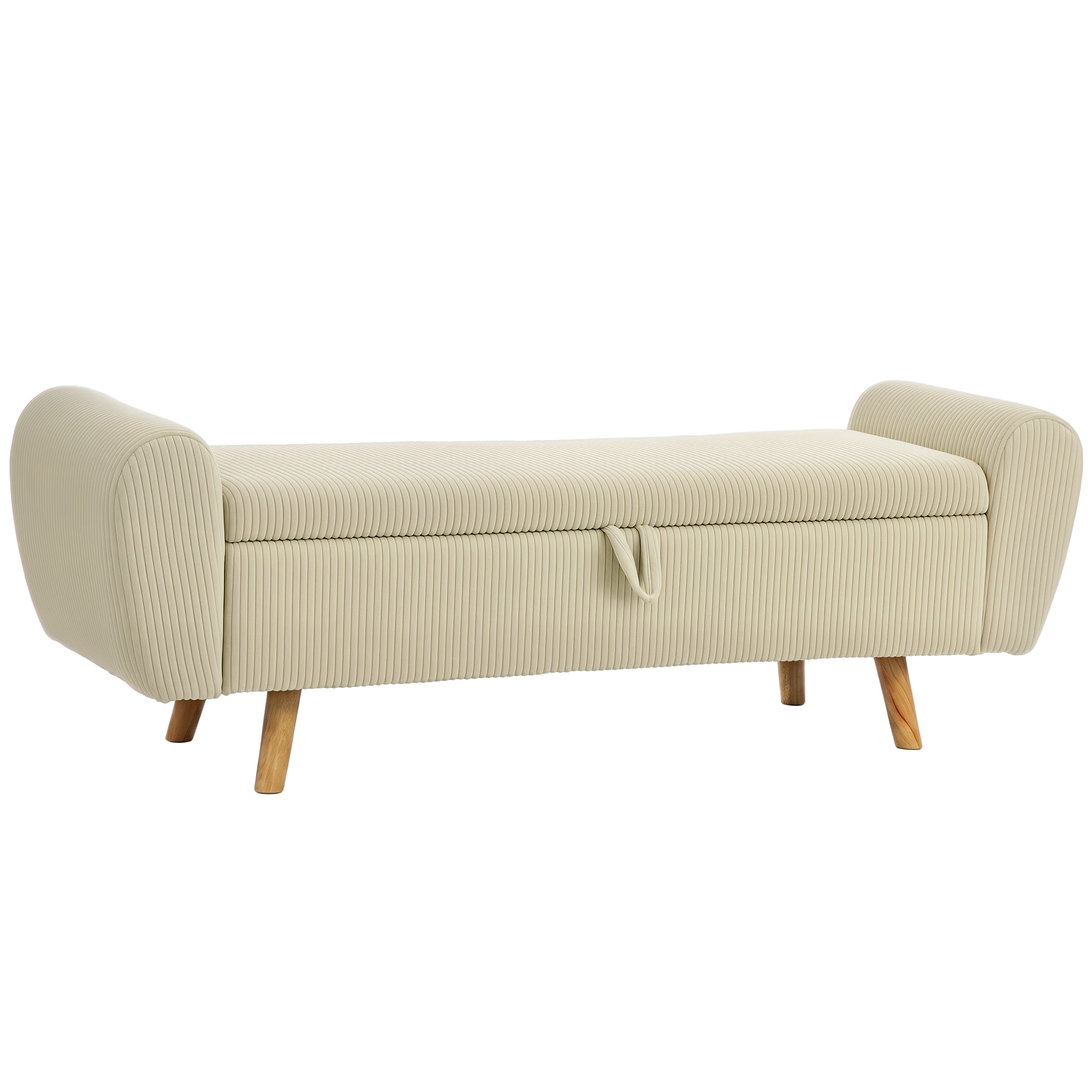 Sitzbank mit Stauraum, Polsterbank mit Cord-Optik, Holzfüßen und Gerollten Armlehnen, Beige