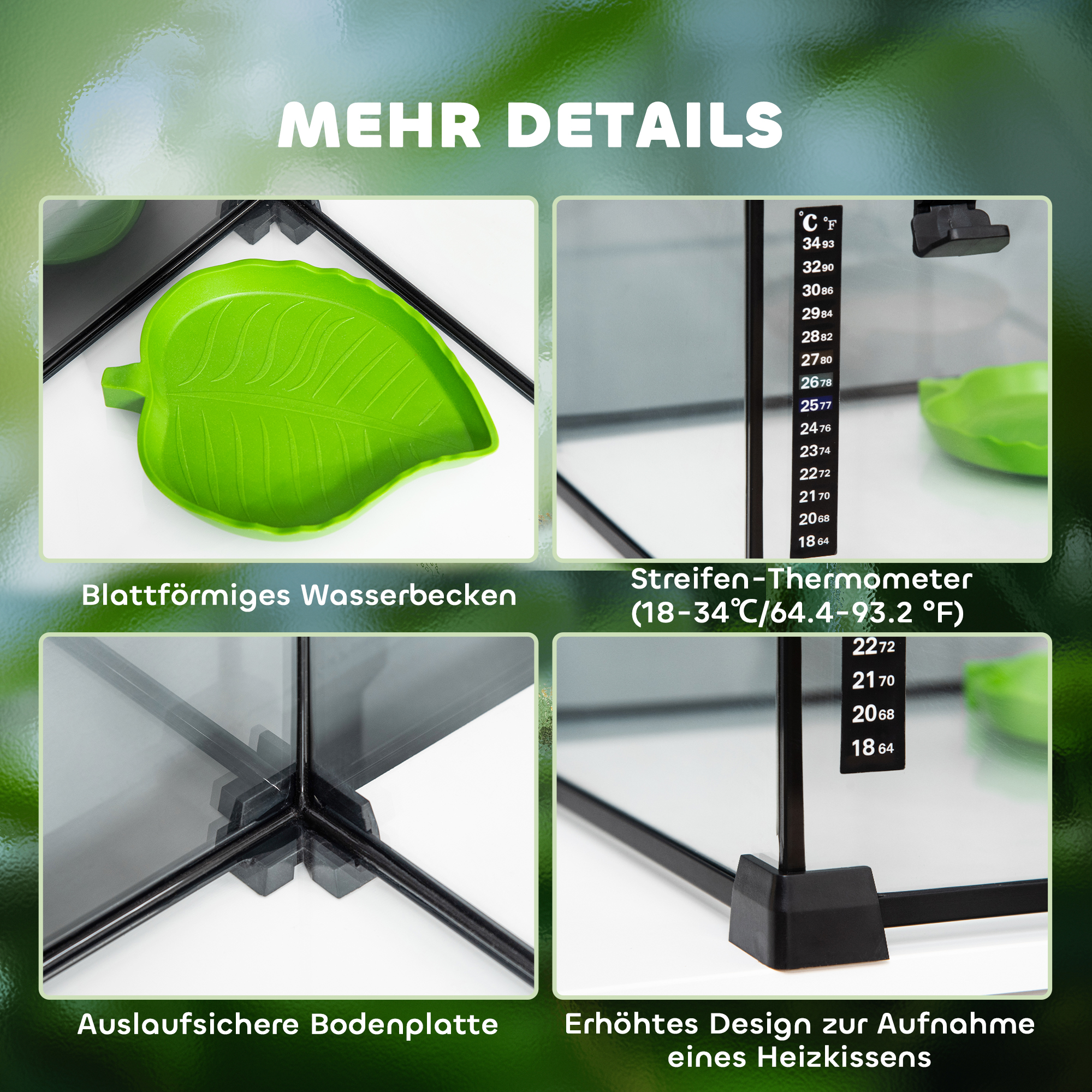 Terrarium für Reptilien Reptile Fütterungsbox Glasterrarium Amphibien Spinnentiere mit Thermometer Reptilienzuchtbox für Schnecken Amphibien Insekten Schildkröten Schwarz 50 x 30 x 35 cm