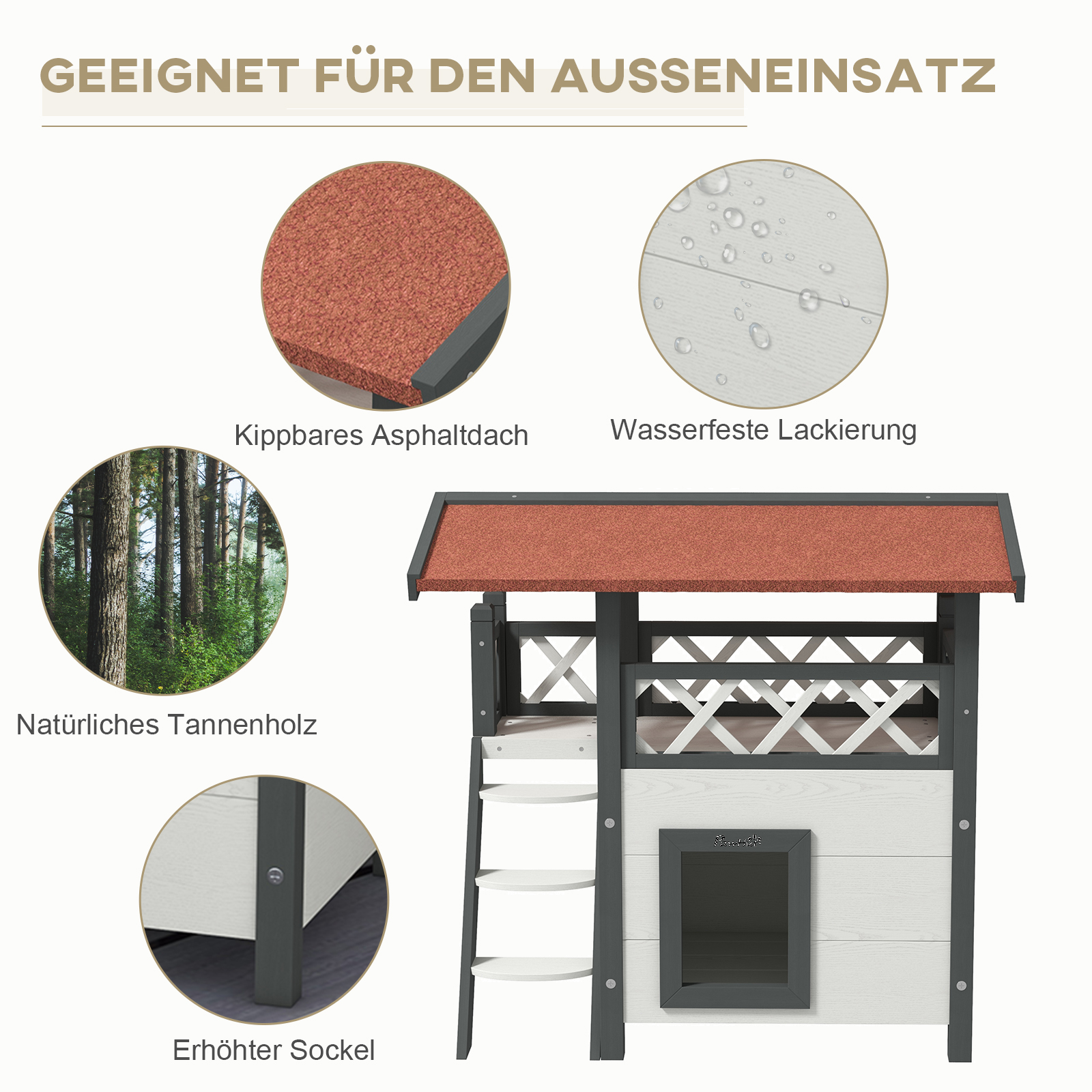 Katzenhaus Katzenhütte Haustierhütte, Asphaltdach, 2 Ebenen, 1 Leiter, Weiß+Rot