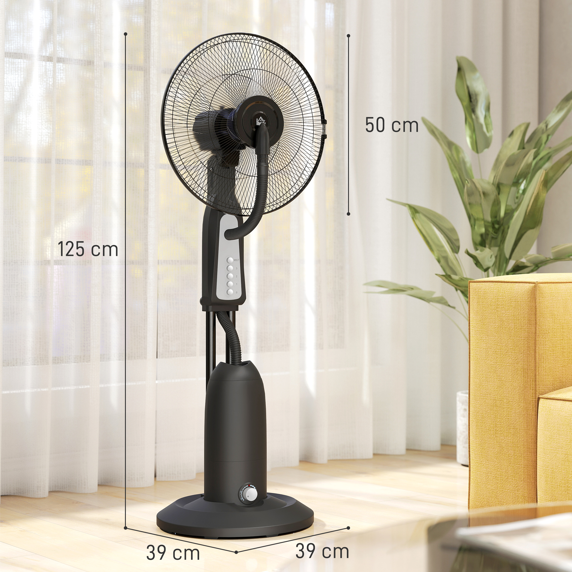 Ventilator mit Sprühnebelfunktion, 3 Liter-Tank, 75 Grad drehbar, 3 Geschwindigkeiten, rollbar, 125 cm, Schwarz