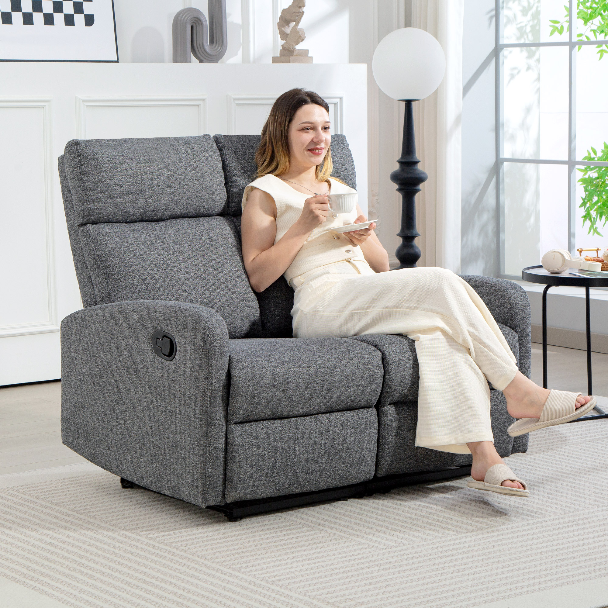 2-Sitzer-Sofa, individuell verstellbare Rückenlehnen, Fußstütze, Stoffbezug, Stahl, Grau