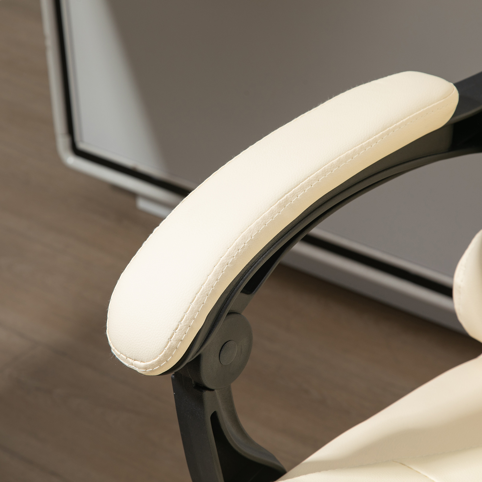Bürostuhl mit Fußstütze, Schreibtischstuhl, verstellbare Rückenlehne, höhenverstellbar, Creme + Schwarz + Silber
