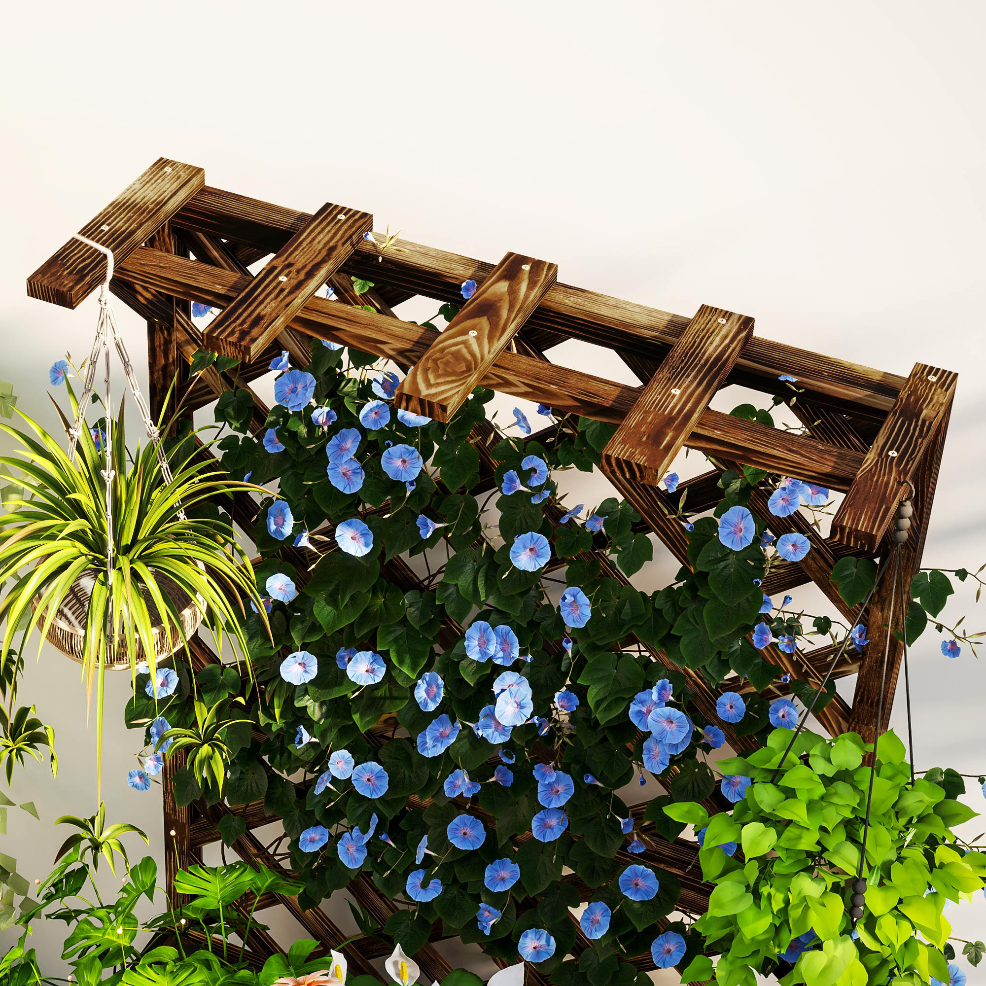 Hochbeet Pflanzkasten mit Rankgitter, Spalier Pflanzkübel Blumenkasten Holz, Gartenspalier 64 x 33 x 122cm Verkohlt