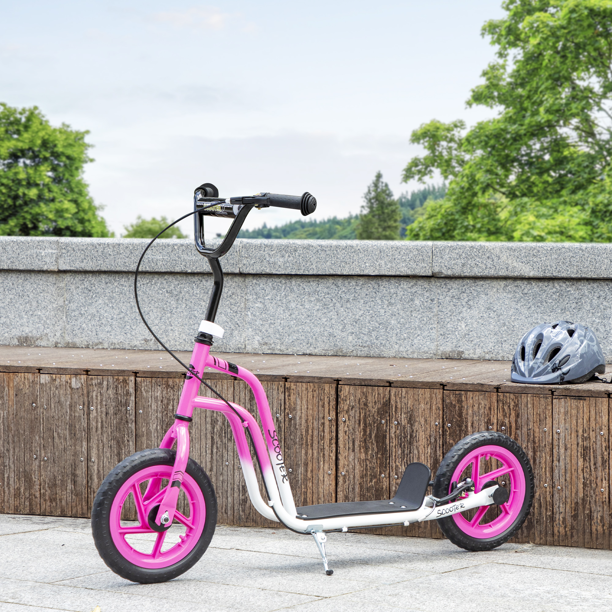 Kinderroller mit verstellbarem Lenker, große Räder, Parkständer, Handbremse, für Kinder im Alter von 5-12 Jahren, Rosa