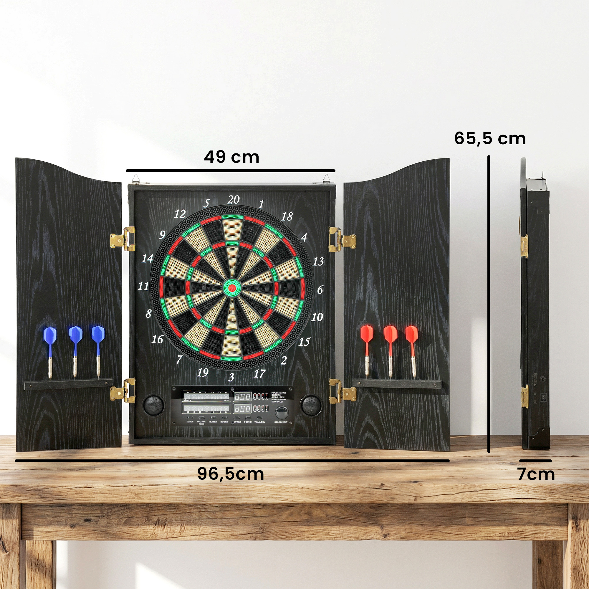 elektronische Dartscheibe, E-Dartboard mit Türen, Holzoptik, LED-Anzeige, Sprachansagen, 6 Dartpfeile, 24 Ersatzspitzen