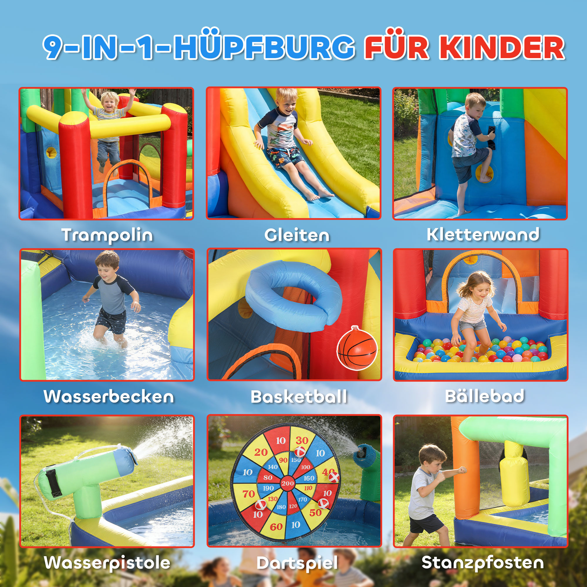 9-in-1 Aufblasbare Hüpfburg mit Gebläse Rutsche Planschbecken Wasserpistole für 3-8 Jahre 330x290x185 cm Mehrfarbig