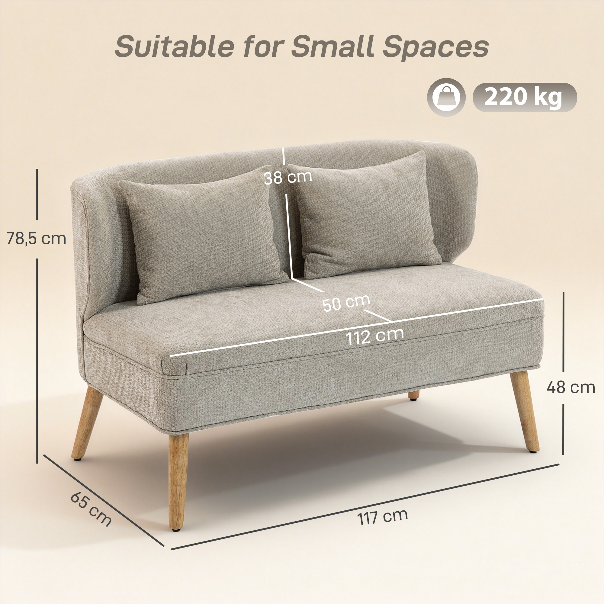 2-Sitzer-Sofa, kleines Chenille-Sofa mit Flügelrücken, dickem Sitz, Gummibaumholzfüßen, Beige