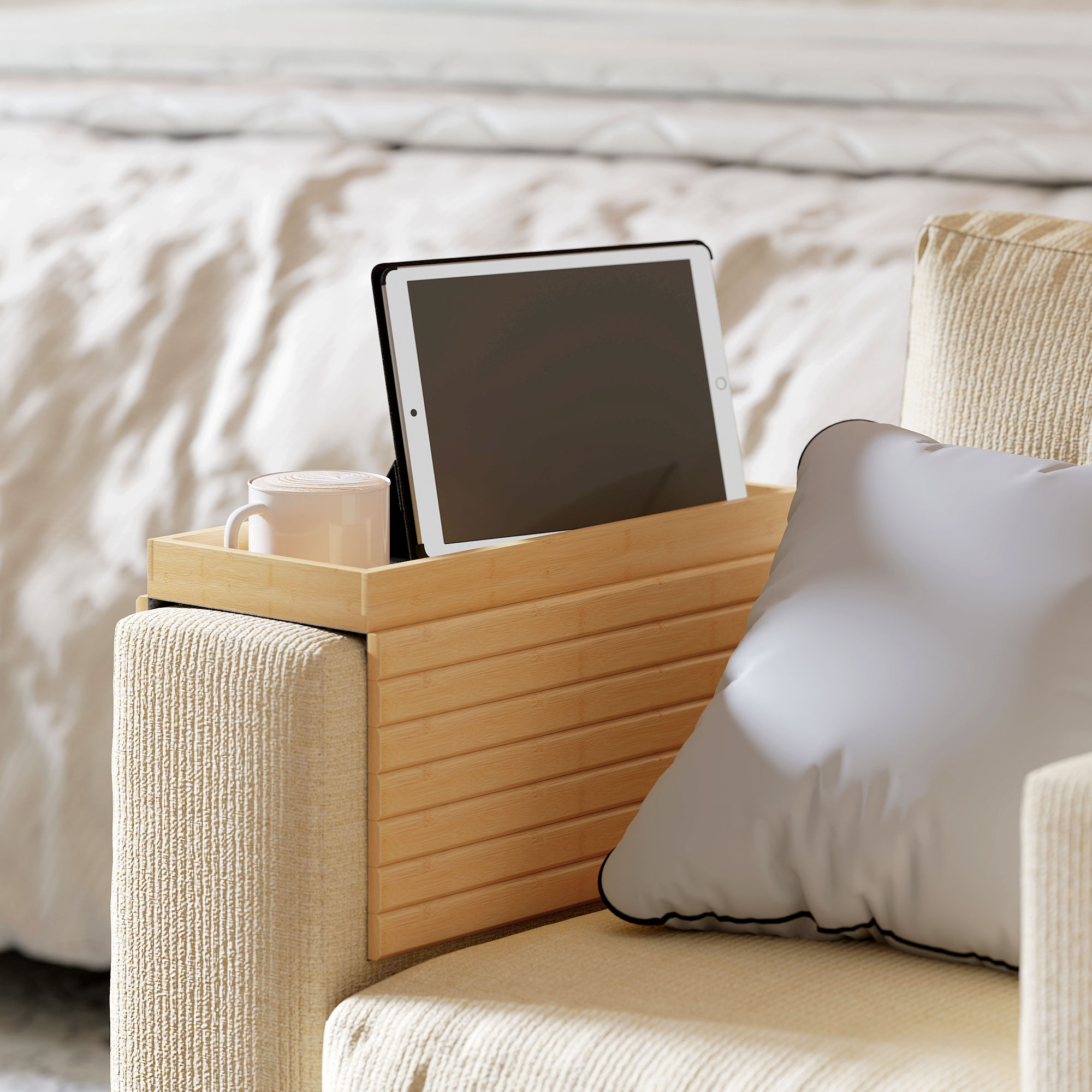 Armlehnen-Tablett für Sofas, für Getränke, Snacks, Fernbedienung, Bambusholz