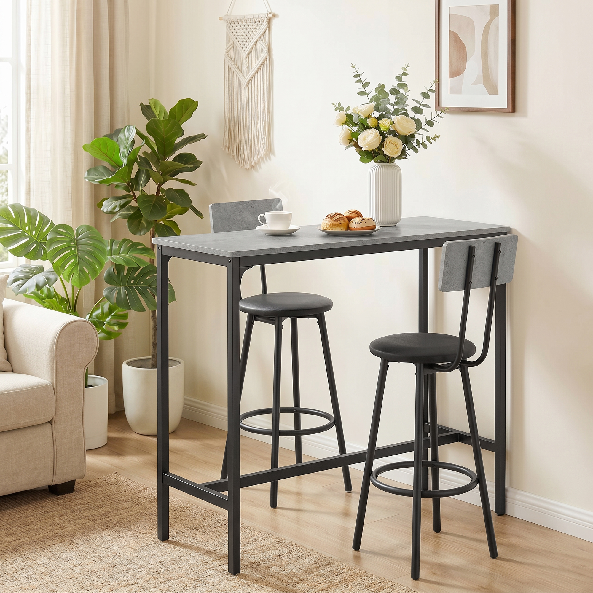 Bartisch mit Barhocker Set Tresentisch mit 2 gepolsterten Hockern mit Fußstütze für Esszimmer, kleinen Raum, Grau