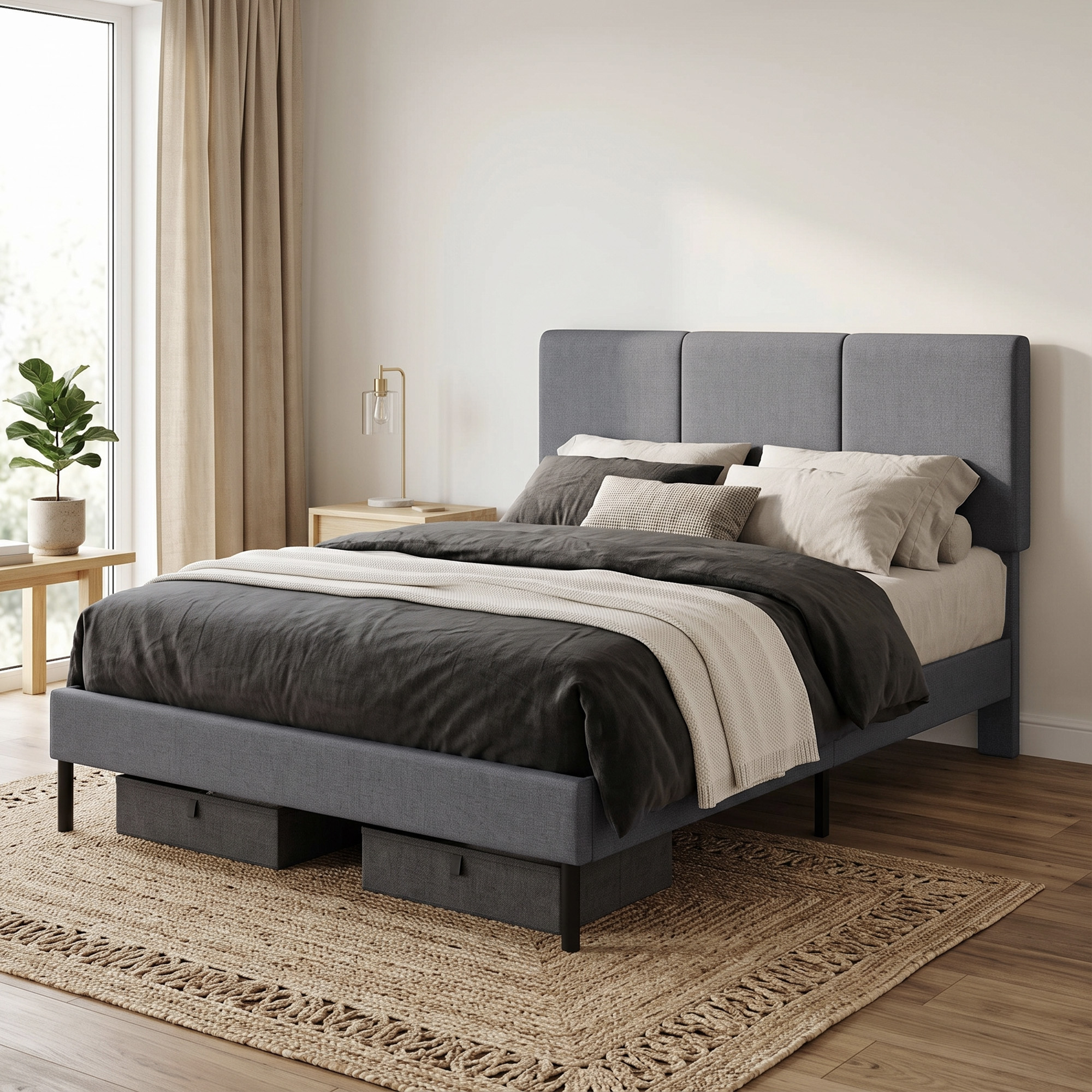 Bettgestell 140 x 200 cm mit verstellbarem Kopfteil, gepolstertes Bett in Leinenoptik mit 12 Latten