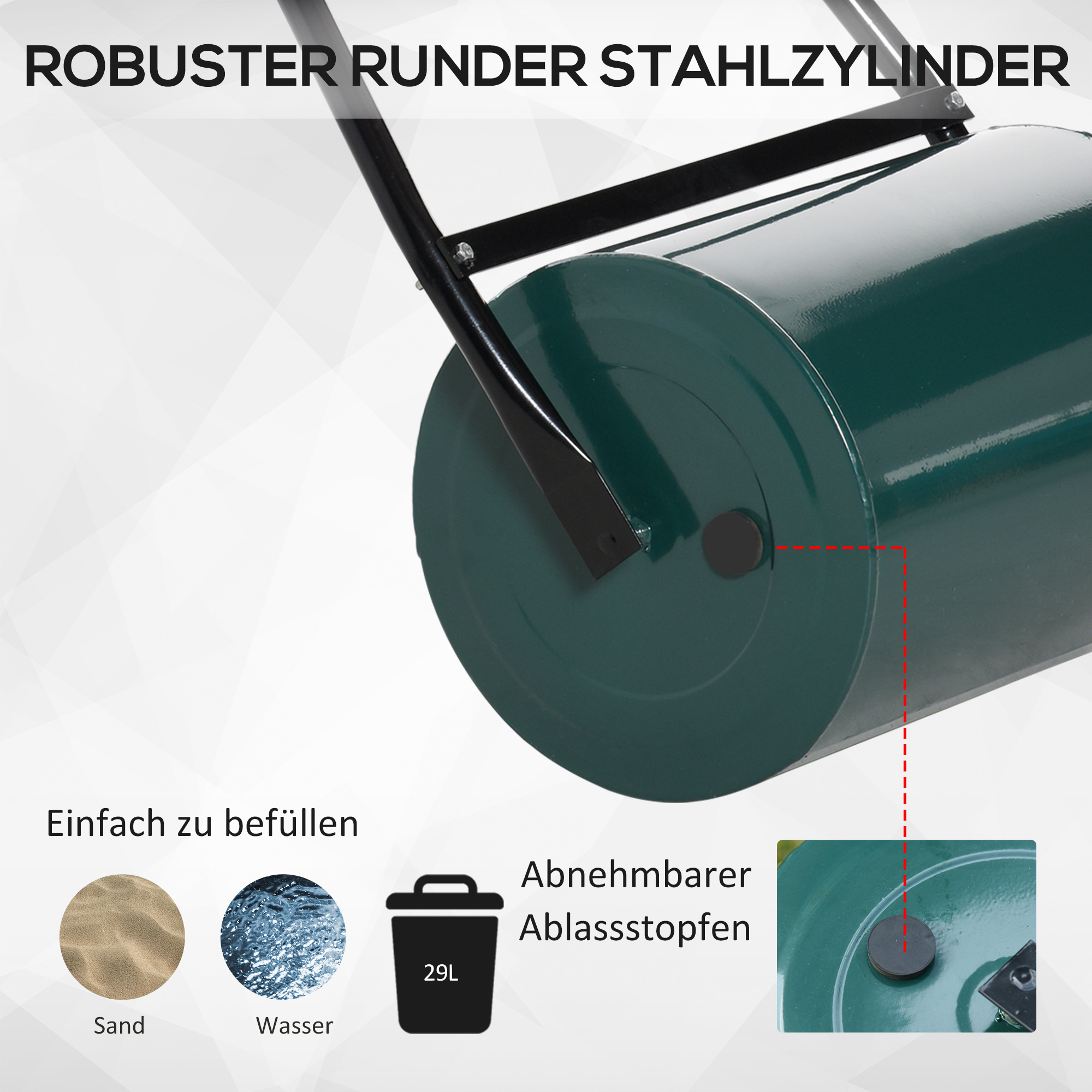 Rasenwalze Gartenrolle Gartenwalze mit U-Griff 31 cm Durchmesser 30 cm Arbeitsbreit 40l Wasser-/Sandfüllungen Metall Grün