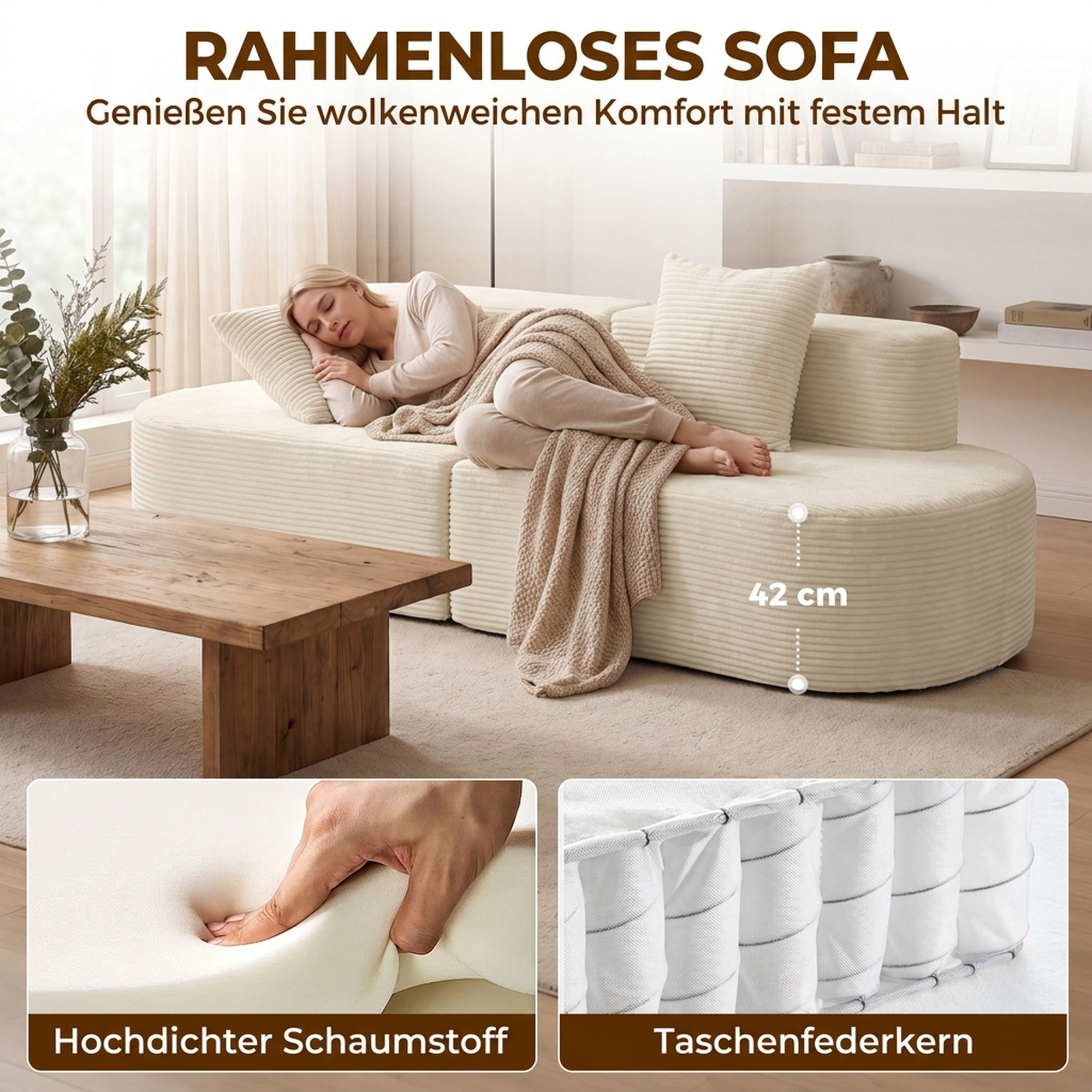 3-Sitzer-Sofa, modulares Cloud-Sofa ohne festen Rahmen, breite & tiefe Sitzfläche, Federpolsterung, Kordbezug, Beige
