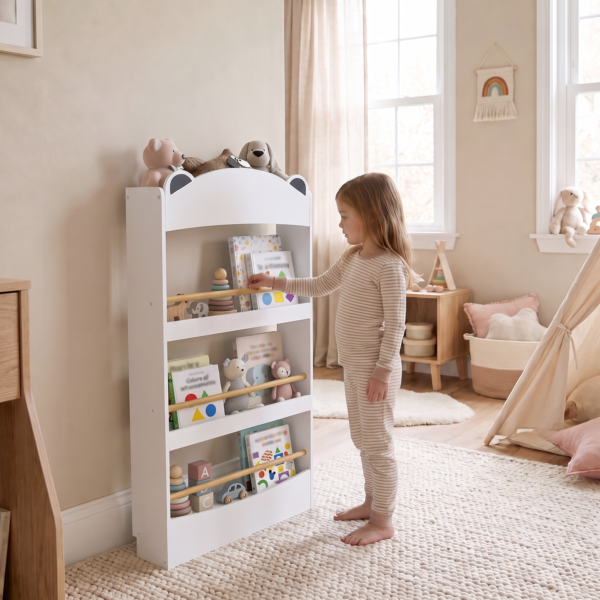 Bücherregal Kinder, Wandmontiert Kinderregal mit 4 Ebenen, Wandregal mit bärenförmige Design, 50 x 15 x 97 cm Weiß