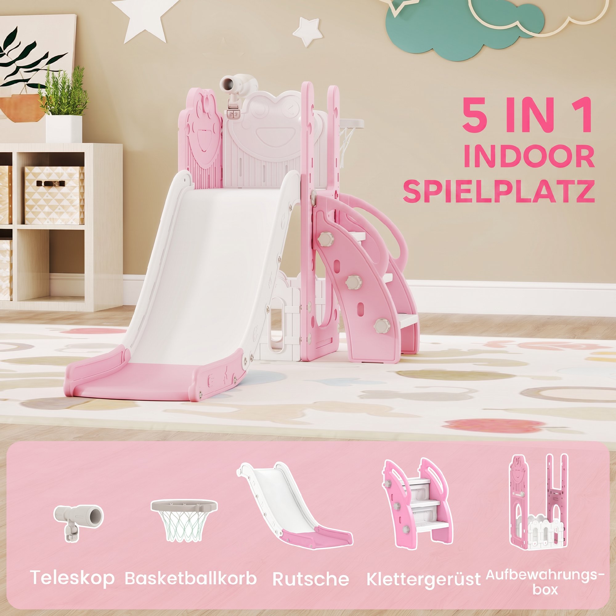5-in-1 Kinderrutschenset, Teleskop, Basketballkorb, HDPE, Kunststoff, Rosa+Weiß