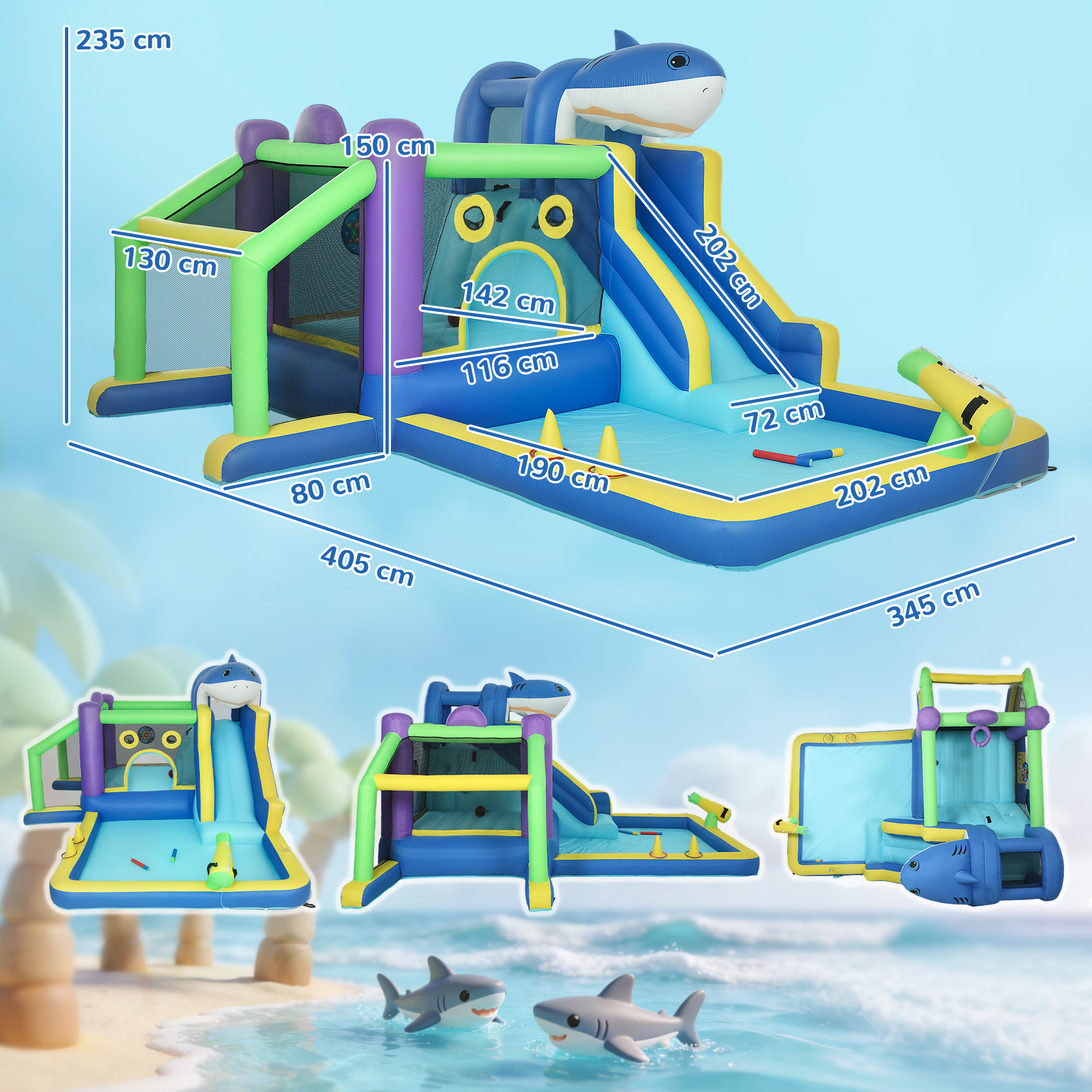 8-in-1 Hüpfburg mit Hai-Design Gebläse, Rutsche, Planschbecken Trampolin für 3-8 Jahre 405x345x235cm, mehrfarbig