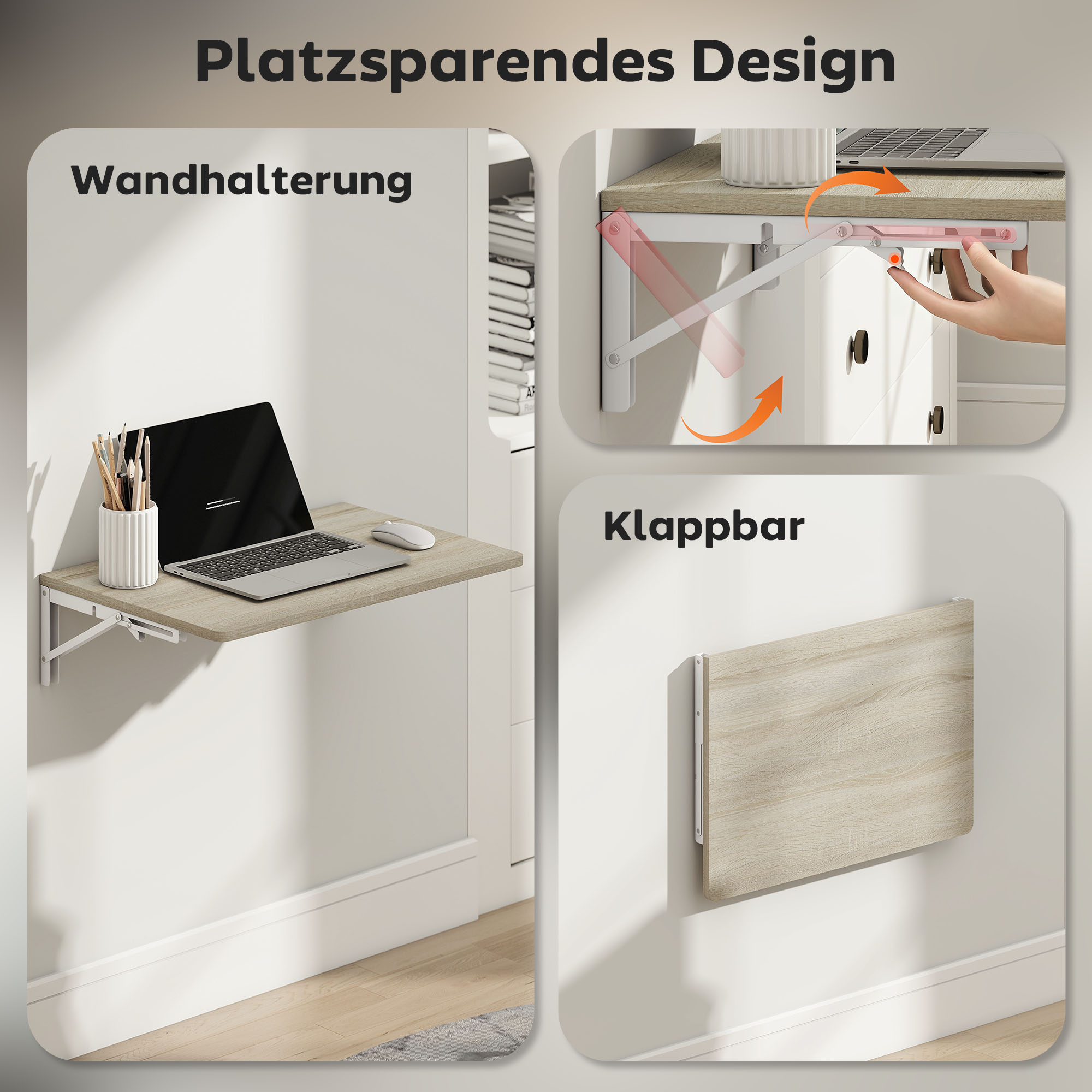 Wandklapptisch, 60x40 cm Klapptisch, Platzsparender Schwimmender Schreibtisch mit abgerundeten Ecken, für Homeoffice, Wohnzimmer, Schlafzimmer, Küche, Eiche