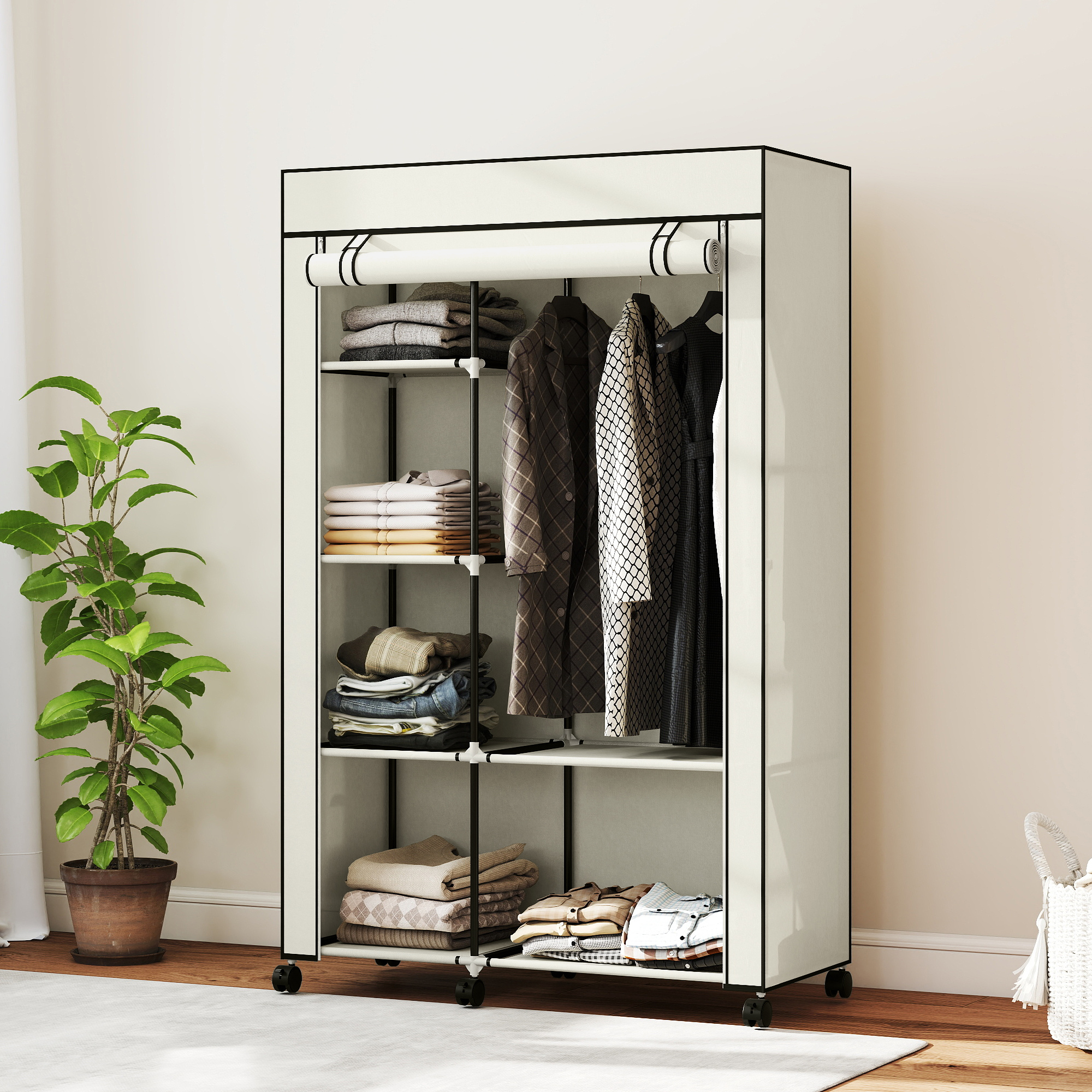 Schrank aus Stoff, Aufbewahrungslösung, 6 Regale, 1 Kleiderstange, Creme