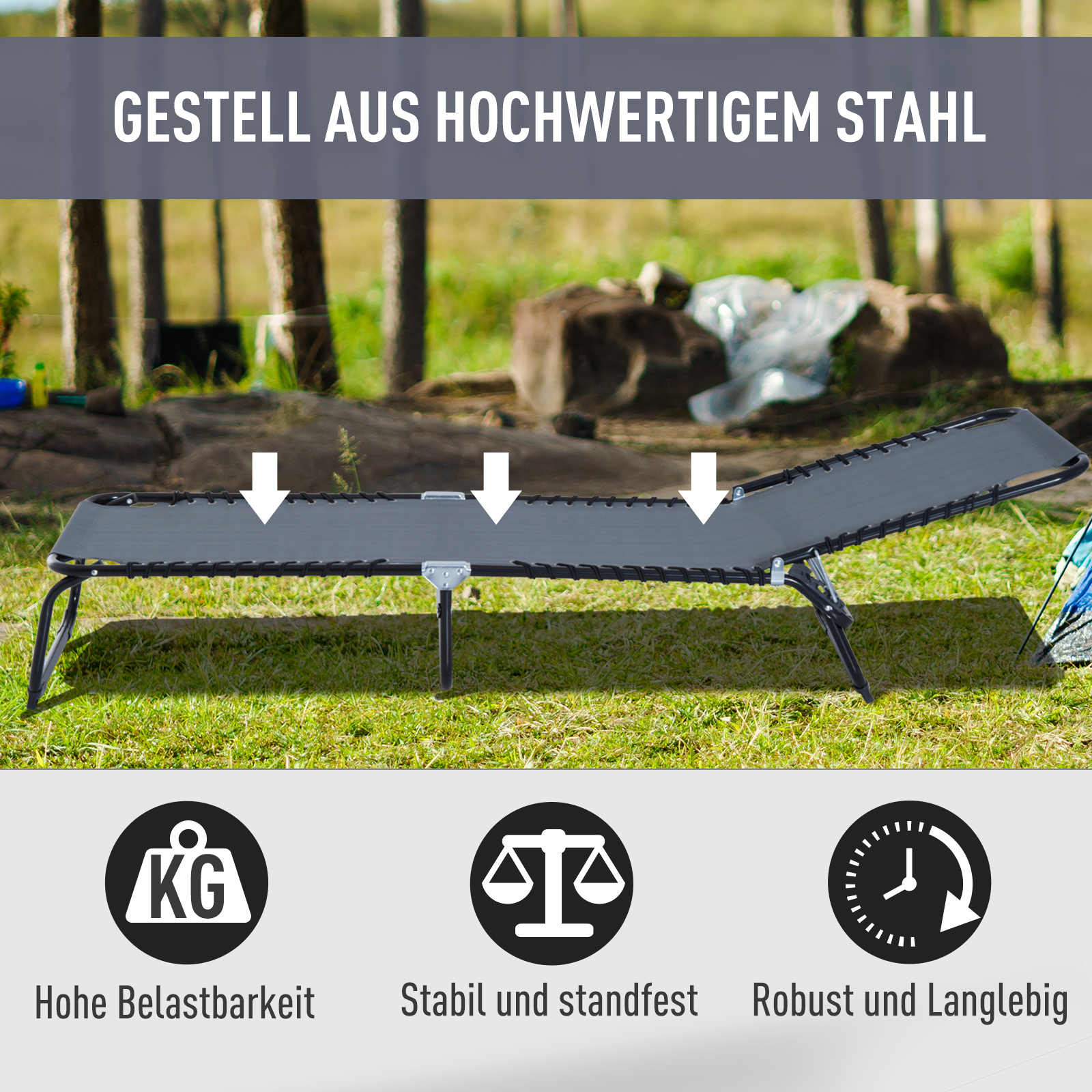 Sonnenliege klappbar Gartenliege, Liegestuhl mit 4-Fach verstellbare Rückenlehne, wetterfeste Campingliege bis 120 kg belastbar, für Garten Strand Pool, Grau