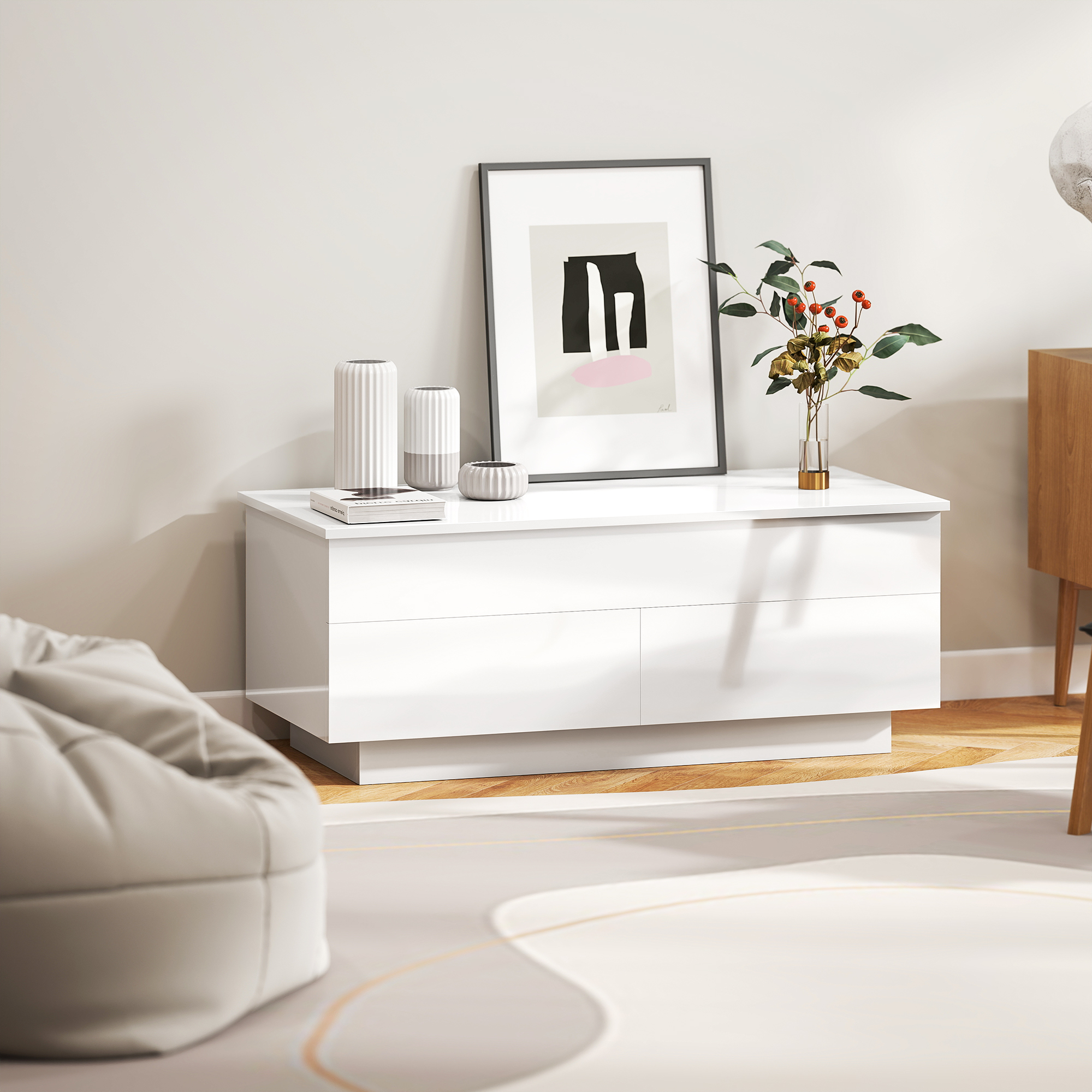 Couchtisch Höhenverstellbar, Moderner Wohnzimmertisch mit verstecktem Stauraum und 2 Schubladen, Hochglanz Weiß