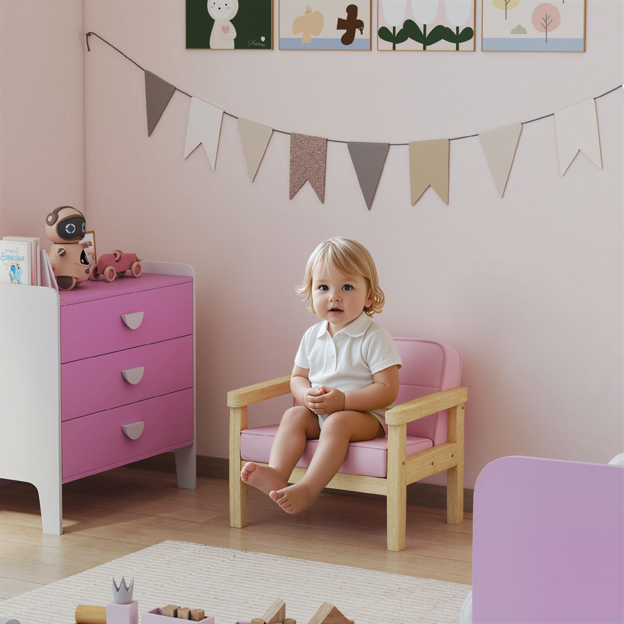 Kindersessel Kindersofa mit Kord-Optik, massiven Holzfüßen Sessel aus Schaumstoff Kinderstuhl für Kinderzimmer, Spielzimmer, 46,5 x 44 x 45 cm, für Kinder 3-8 Jahre Rosa