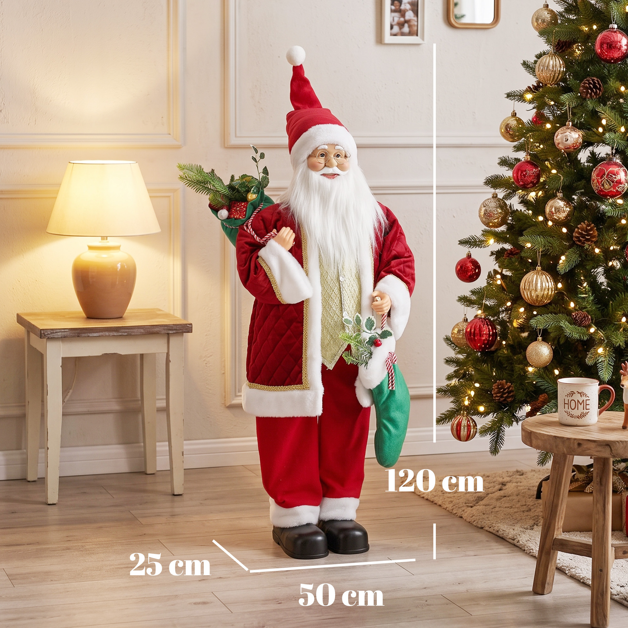 120 cm singender & tanzender Weihnachtsmann, stehende animierte Weihnachtsfigur mit Strumpf, Sack, per Sound/Berührung aktiviert