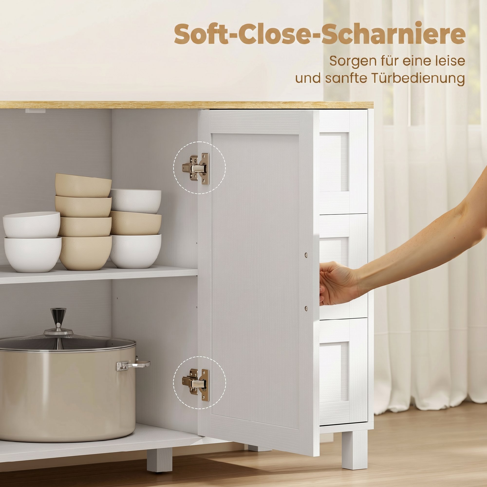 modernes Sideboard mit Soft-Close-Türen, Kaffeebar-Schrank mit 3 Schubladen und verstellbarem Einlegeboden, Weiß