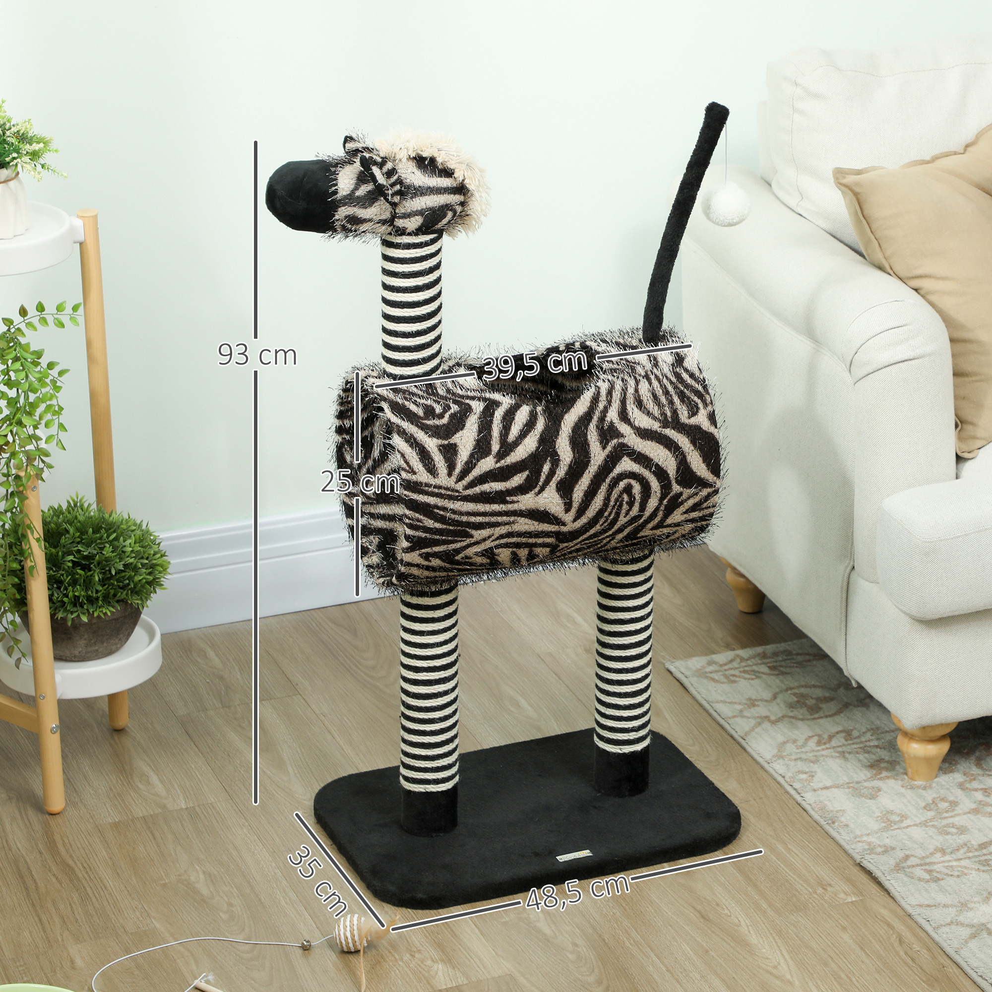 Kratzbaum im Zebra-Design, 1 Katzentunnel, 3 Kratzstämme 48,5 cm x 35 cm x 93 cm, Schwarz + Weiß