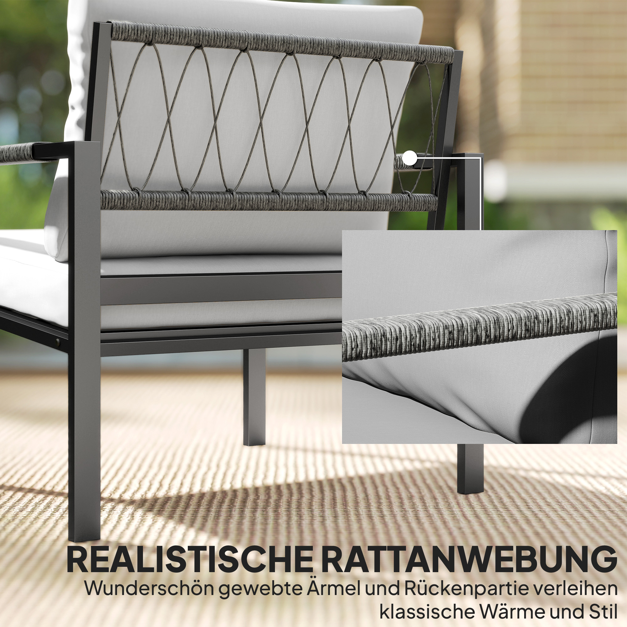 Gartenmöbel Set 4 Personen wetterfest Balkonmöbel-Set mit 2er Sofa, Sessel Sitzkissen Beistelltisch Hellgrau
