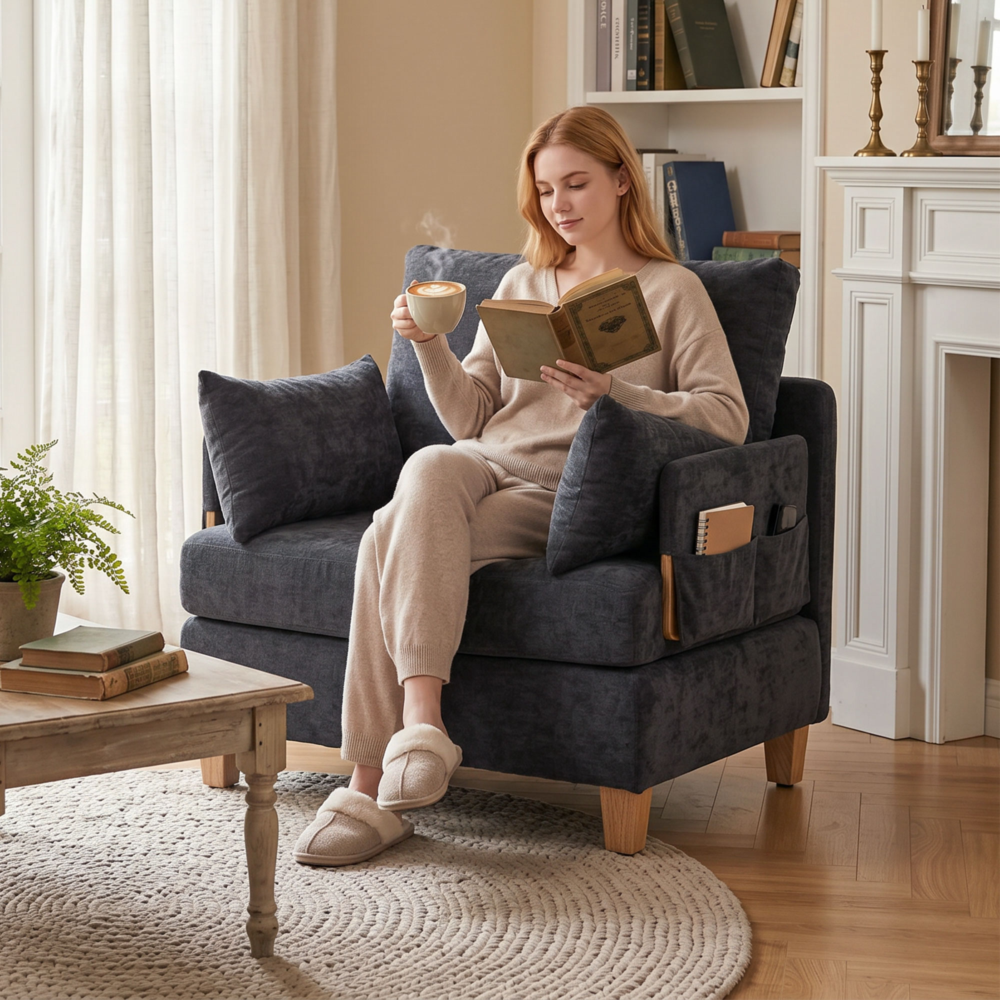 Schlafsessel 2-in-1 mit Bettfunktion, Schlafsofa mit 2 waschbaren Kissen, Seitentaschen für Wohnzimmer, Schlafzimmer