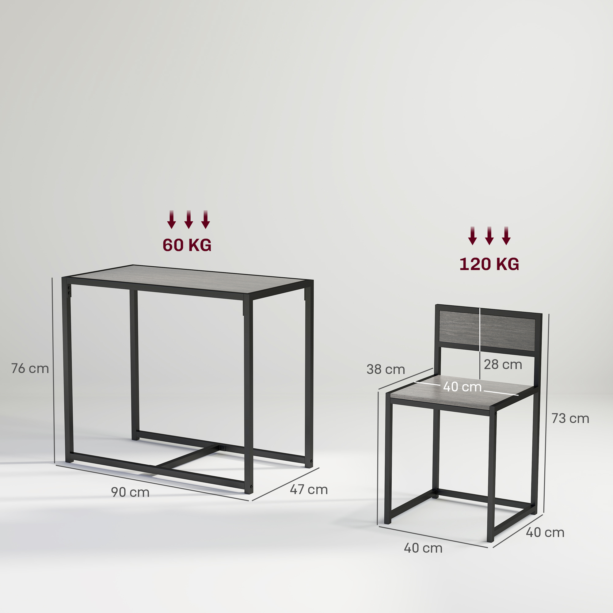 3-teiliges Bartisch-Set Hochtisch-Set 3-teilig, 2 Stühle, 1 Tisch, 90 cm x 47 cm x 76  cm, Grau